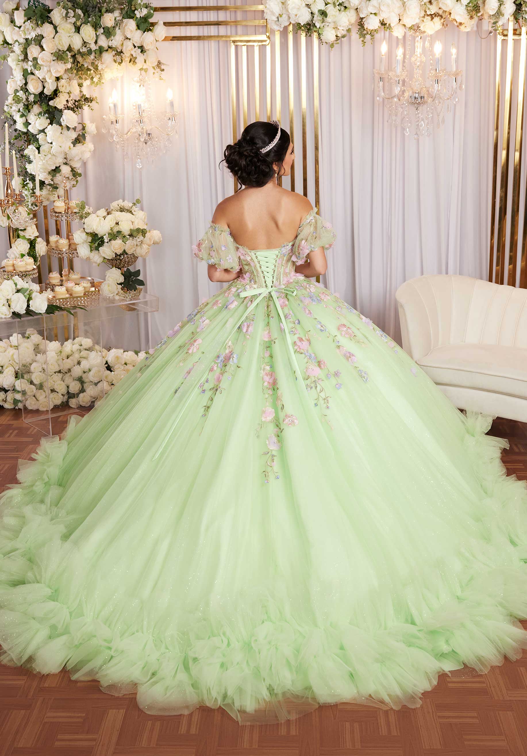 Multicolor Floral Sweetheart Quinceañera Dress with Ruffled Details - Image 13