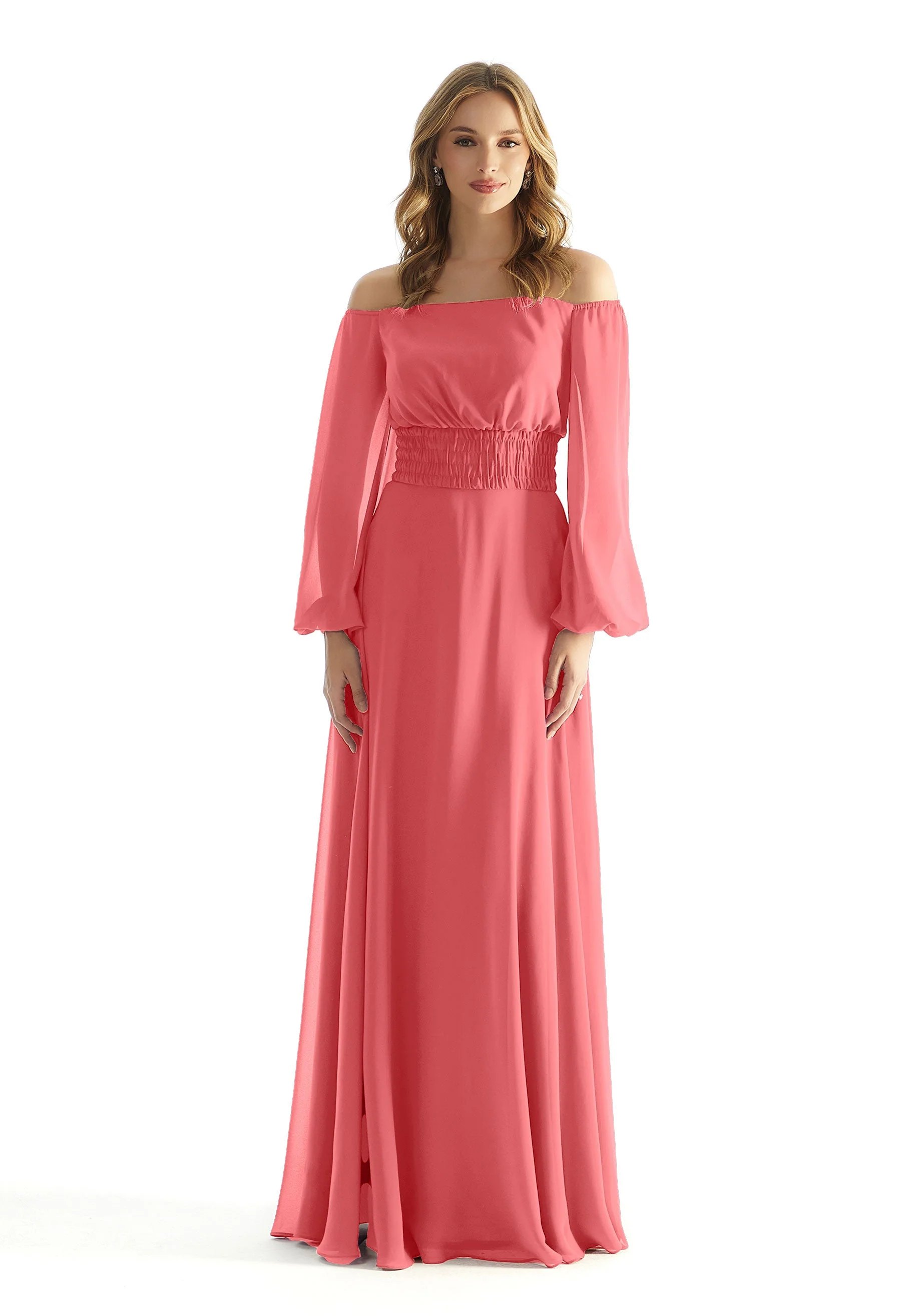 Off The Shoulder Chiffon Bridesmaid Dress with Ruched Waist - Image 23