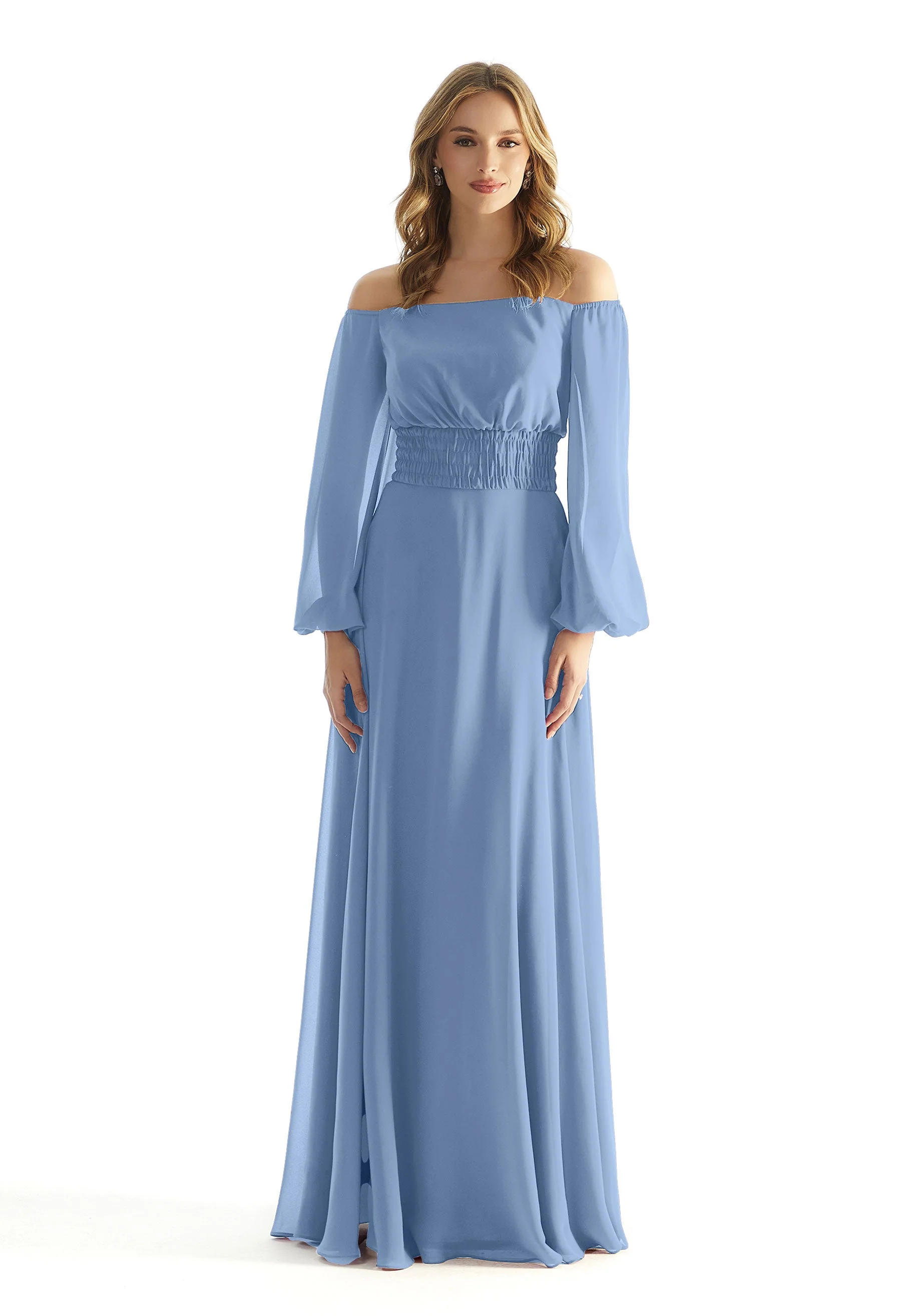 Off The Shoulder Chiffon Bridesmaid Dress with Ruched Waist - Image 32