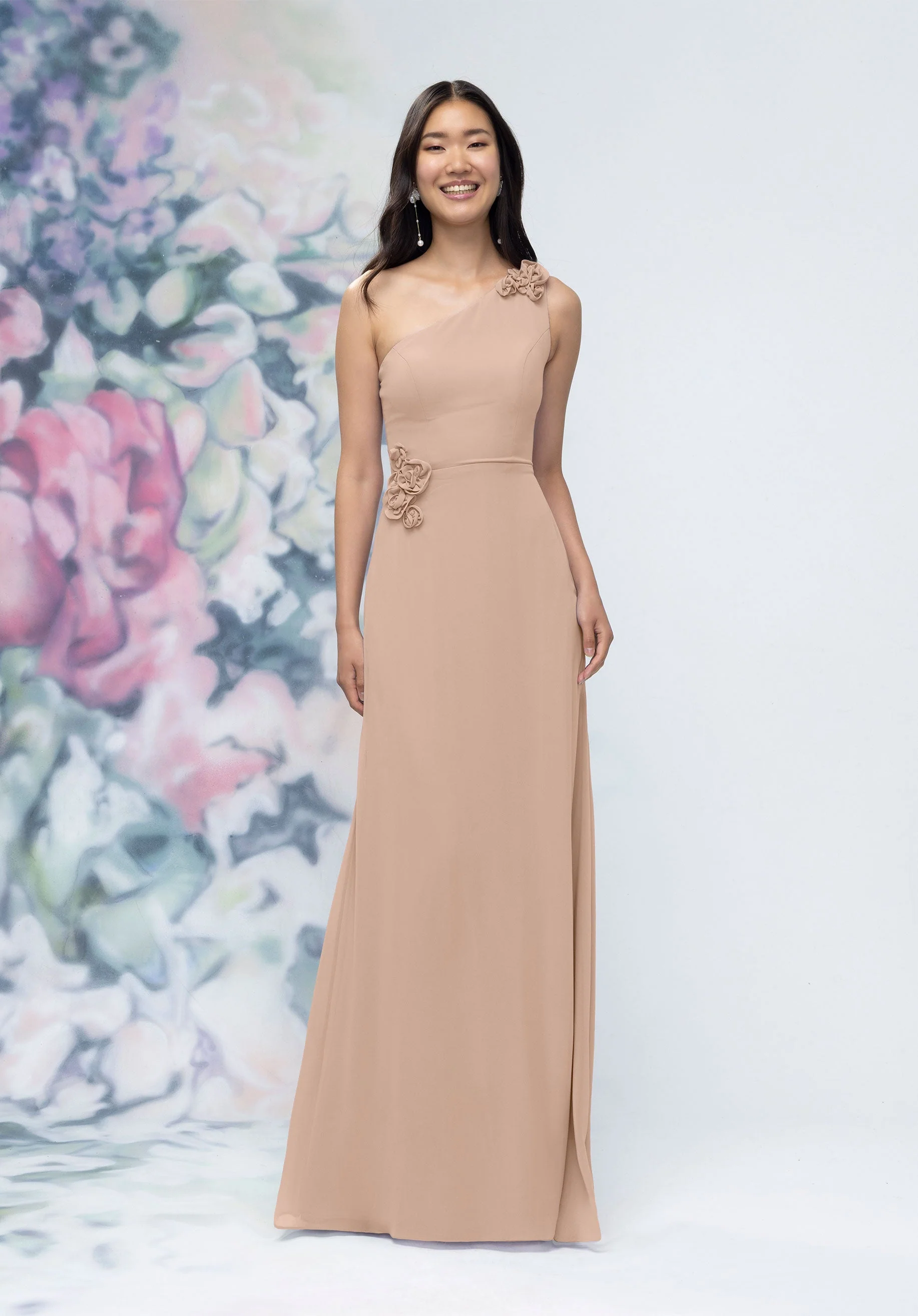 One Shoulder Chiffon Bridesmaid Dress with 3D Floral Details - Image 32