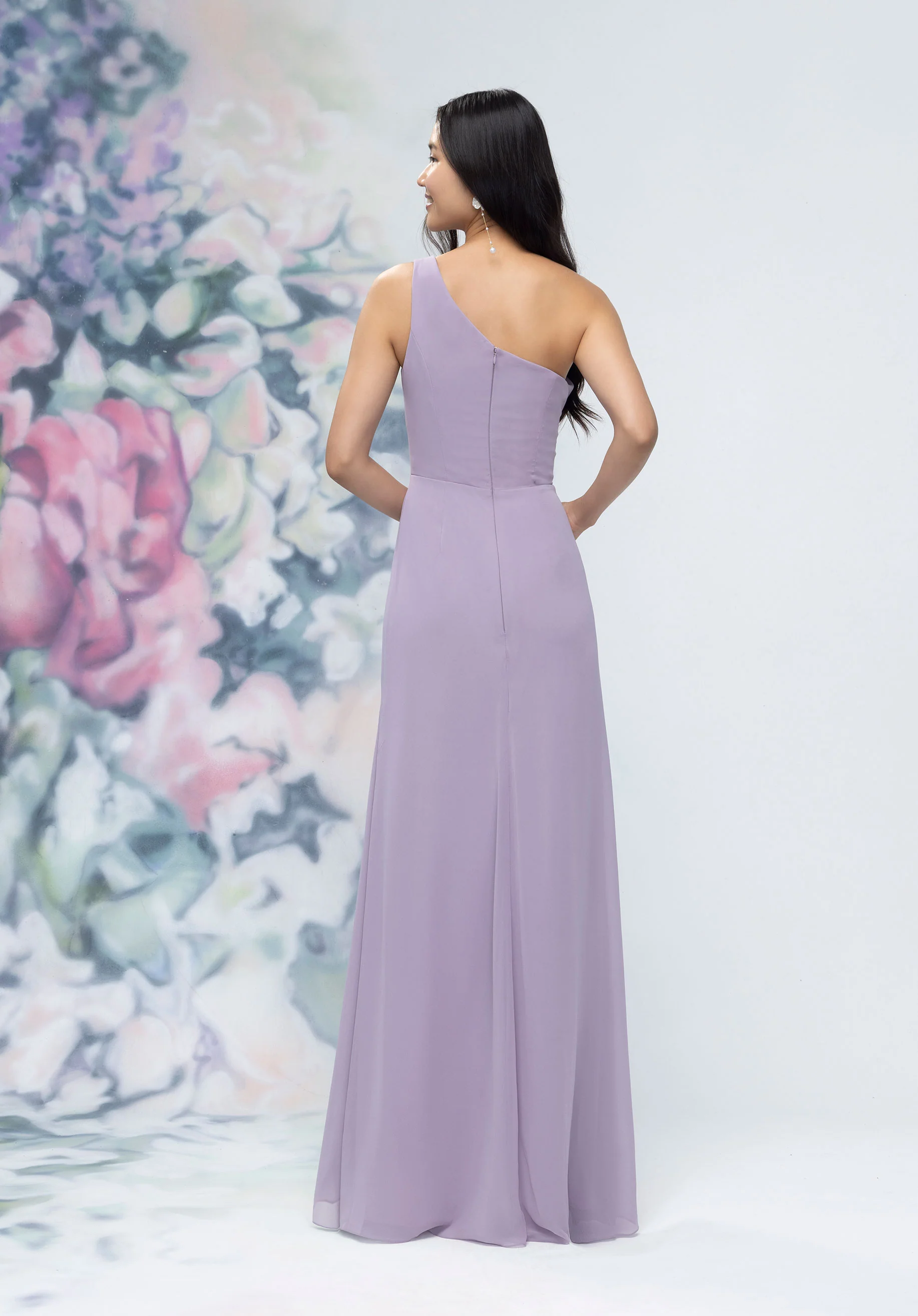 One Shoulder Chiffon Bridesmaid Dress with 3D Floral Details - Image 4