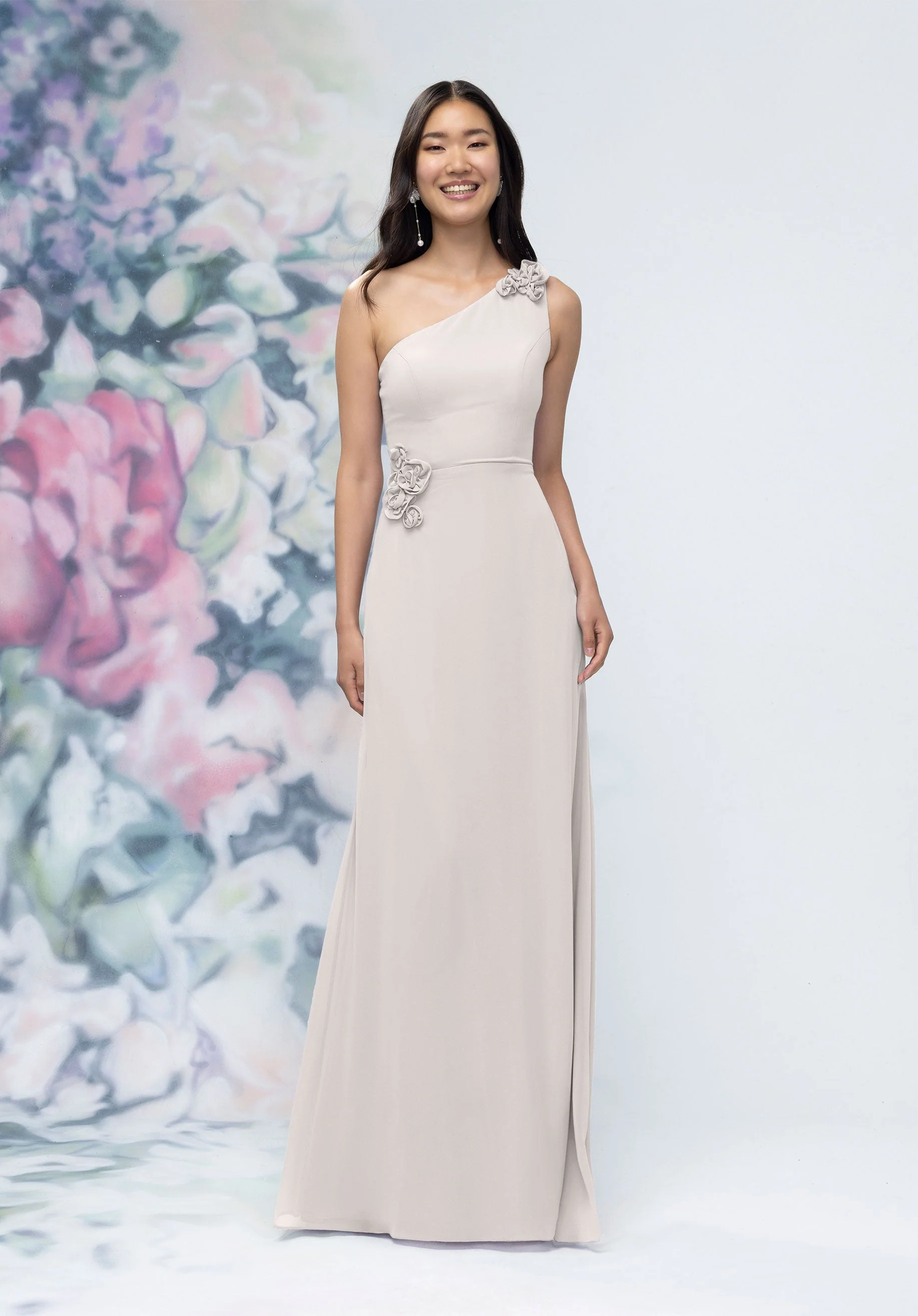 One Shoulder Chiffon Bridesmaid Dress with 3D Floral Details - Image 46