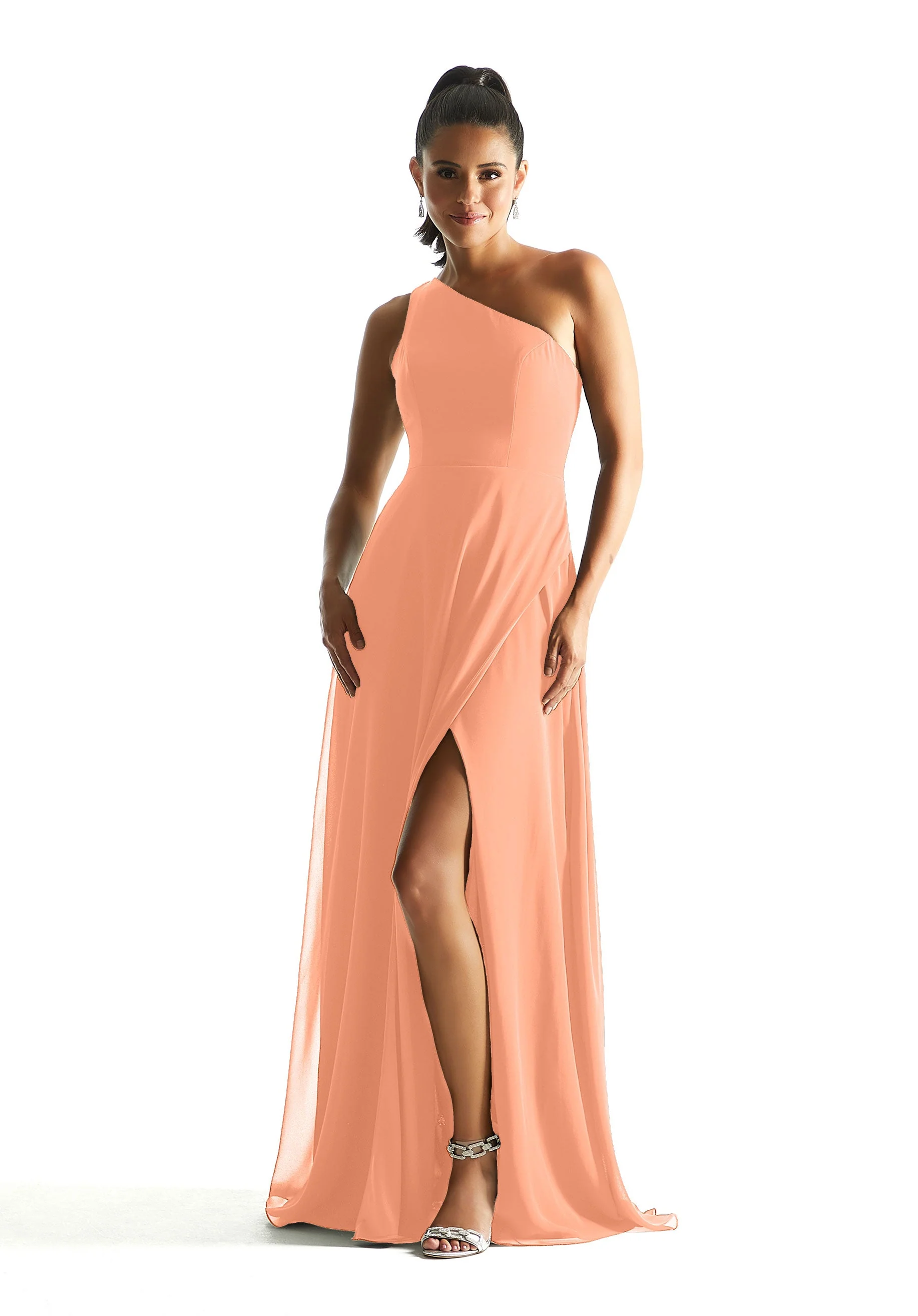 One Shoulder Chiffon Bridesmaid Dress with Cowl Back - Image 43
