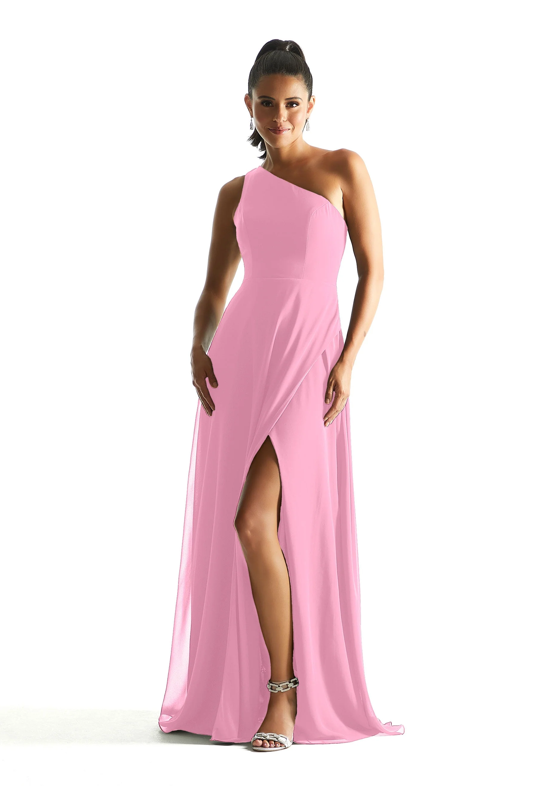 One Shoulder Chiffon Bridesmaid Dress with Cowl Back - Image 44