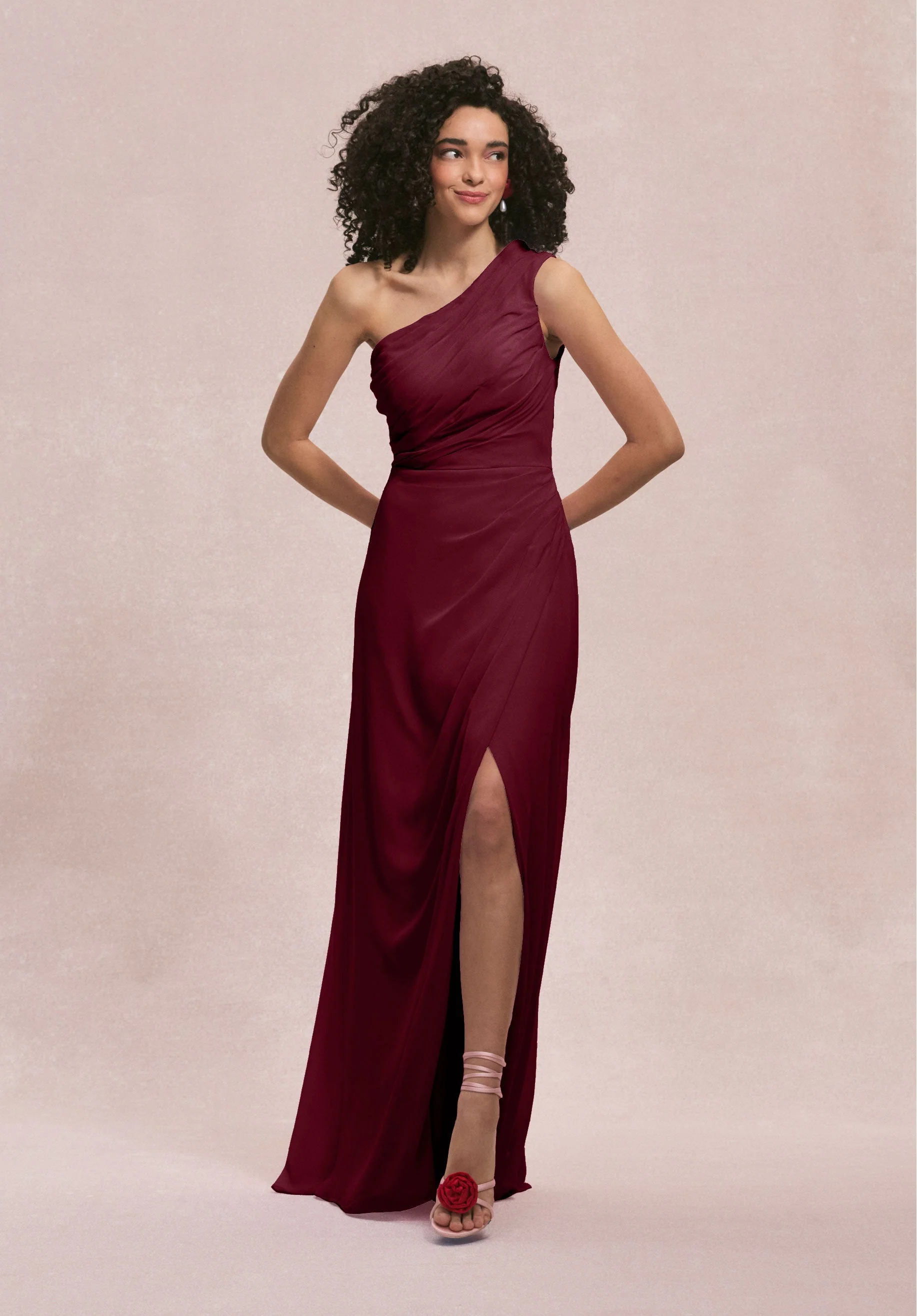 One Shoulder Chiffon Bridesmaid Dress with Skirt Slit - Image 14