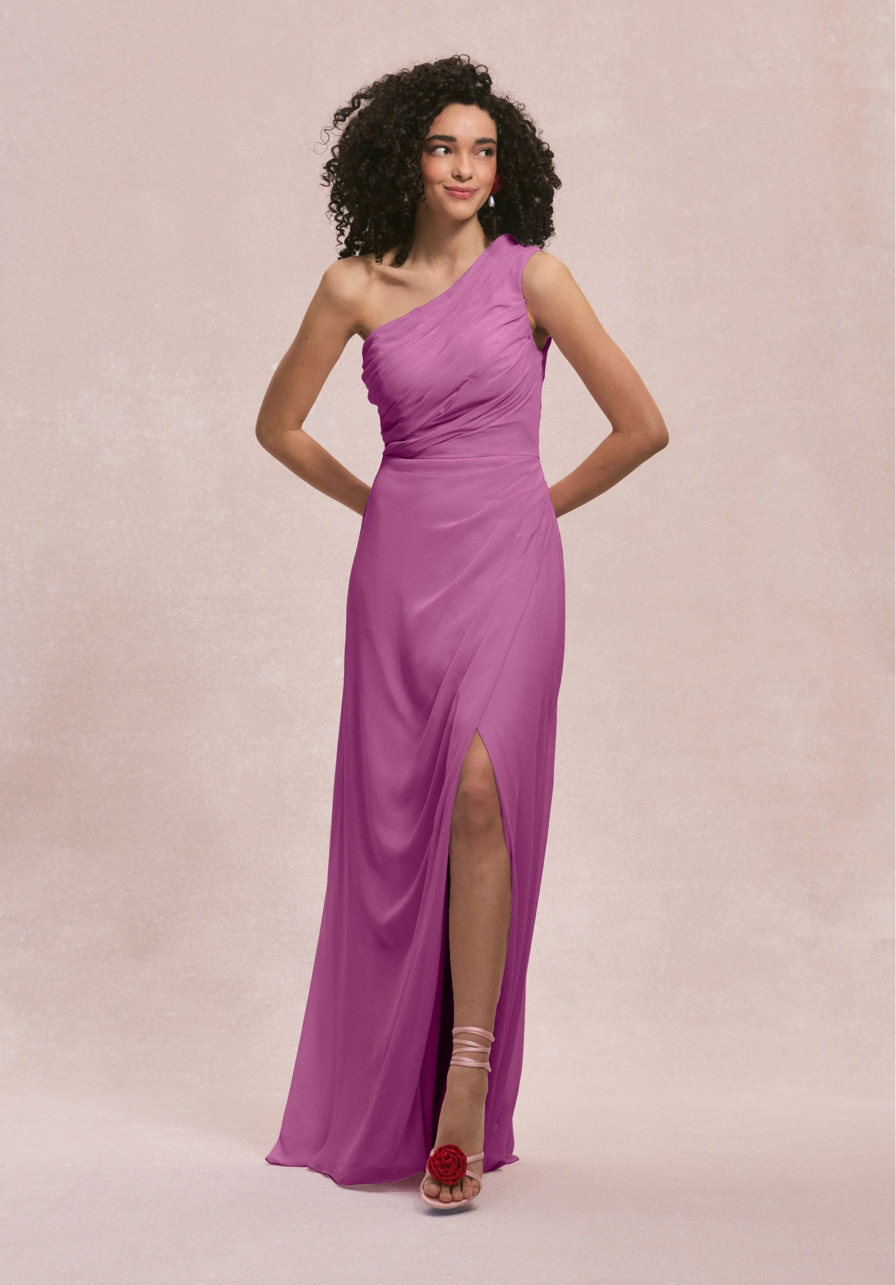 One Shoulder Chiffon Bridesmaid Dress with Skirt Slit - Image 42