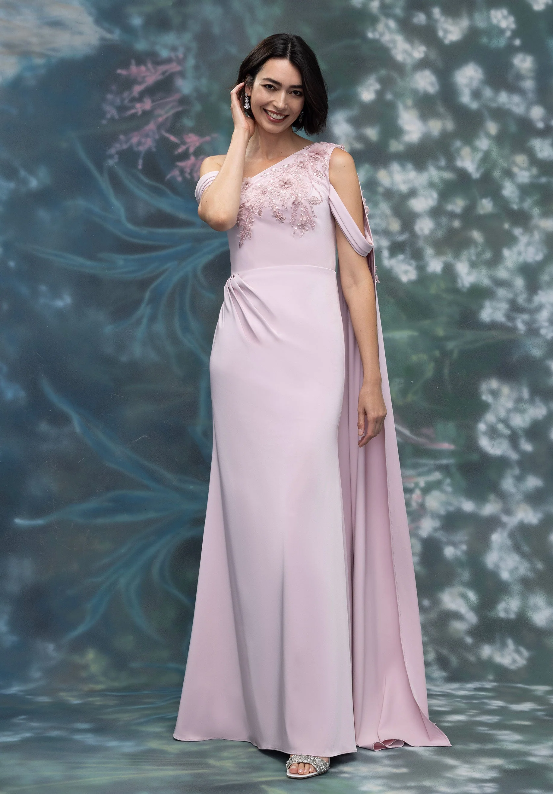One Shoulder Drape Beaded Embroidered Crepe Evening Gown - Image 3