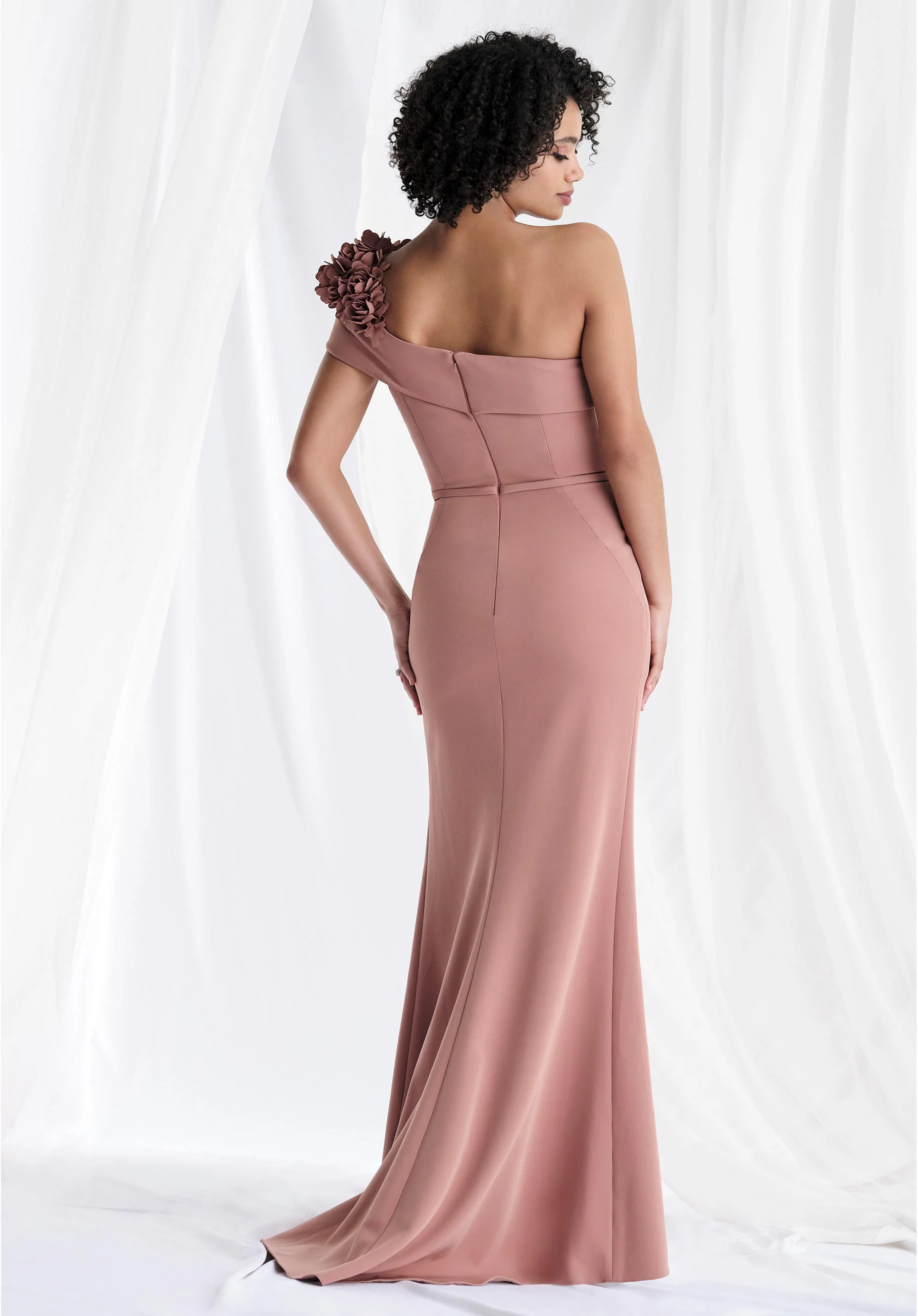 One Shoulder Fit and Flare Evening Gown with Three Dimensional Floral Applique - Image 5