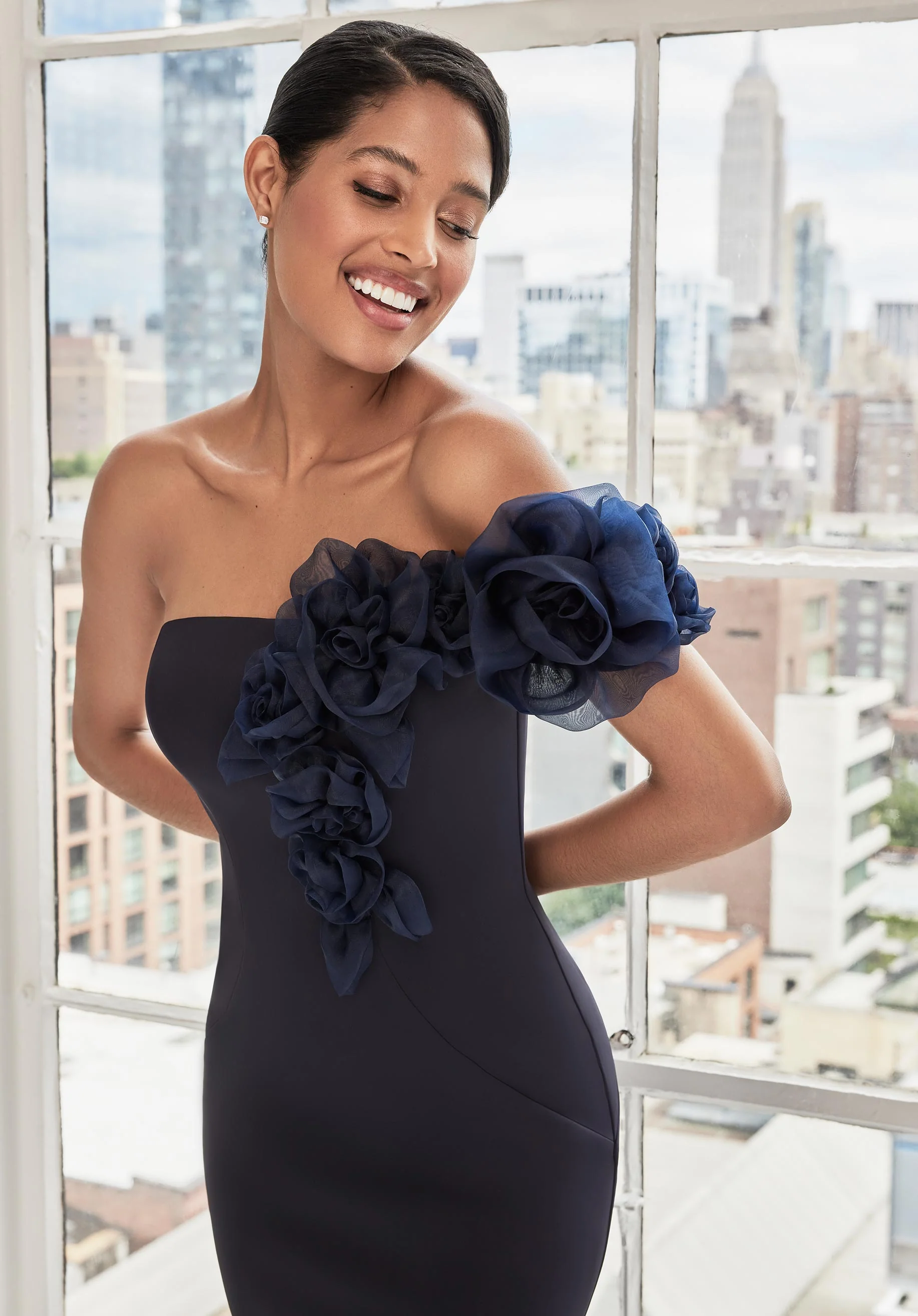 One Shoulder Floral Drape Evening Gown in Scuba Jersey - Image 7