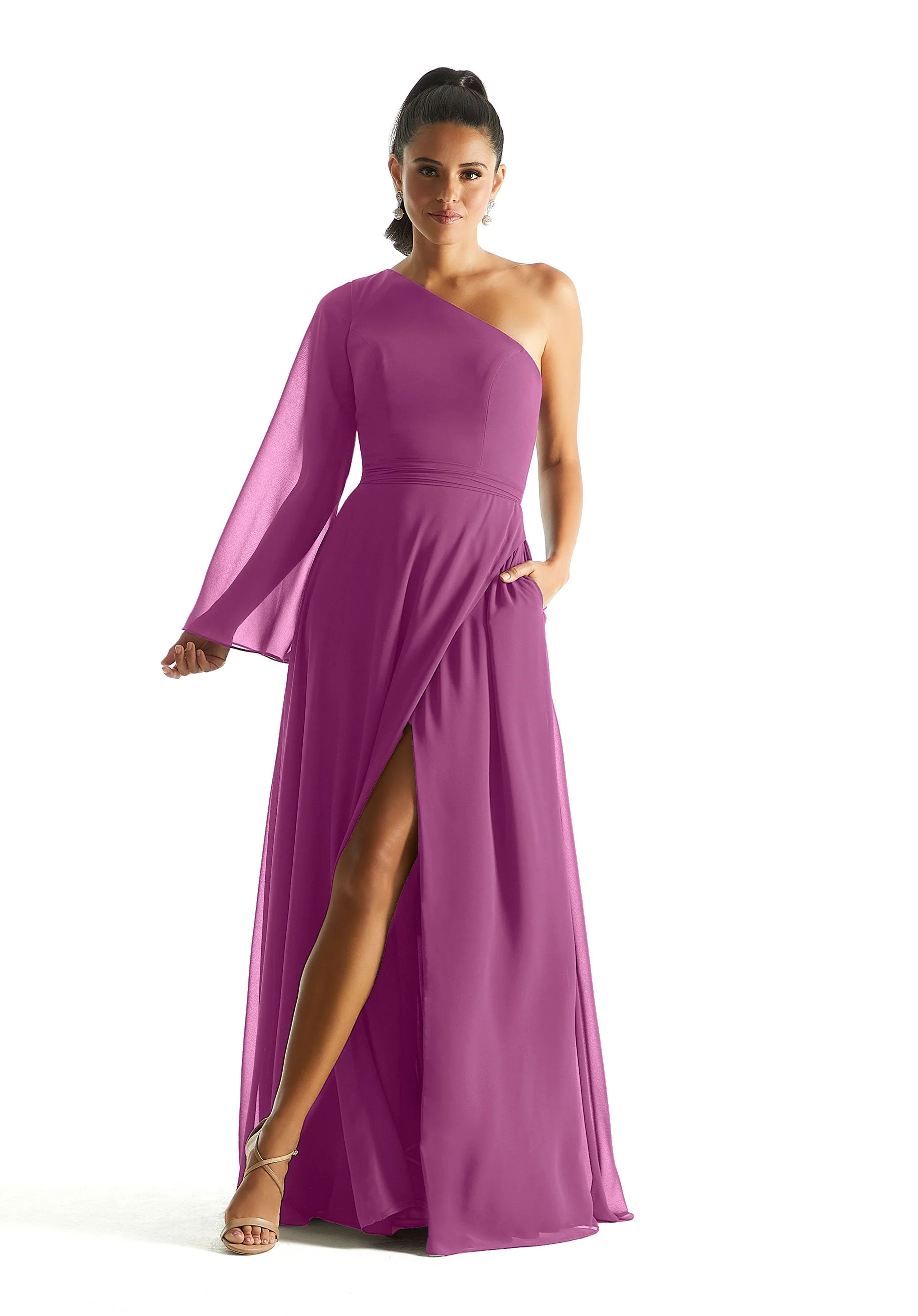 One Shoulder Long Sleeve Bridesmaid Dress - Image 44