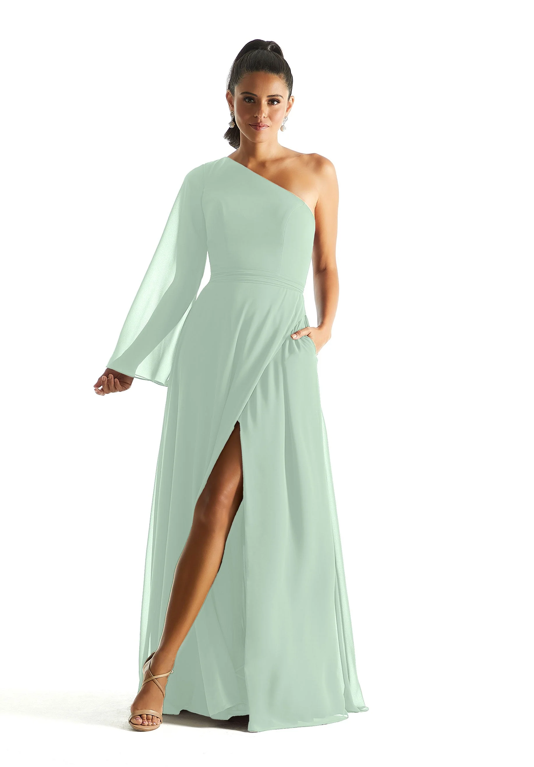 One Shoulder Long Sleeve Bridesmaid Dress - Image 48