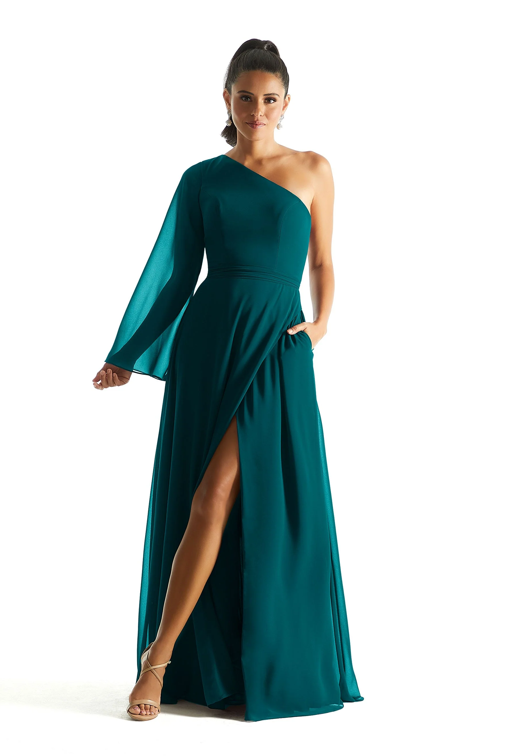 One Shoulder Long Sleeve Bridesmaid Dress - Image 54