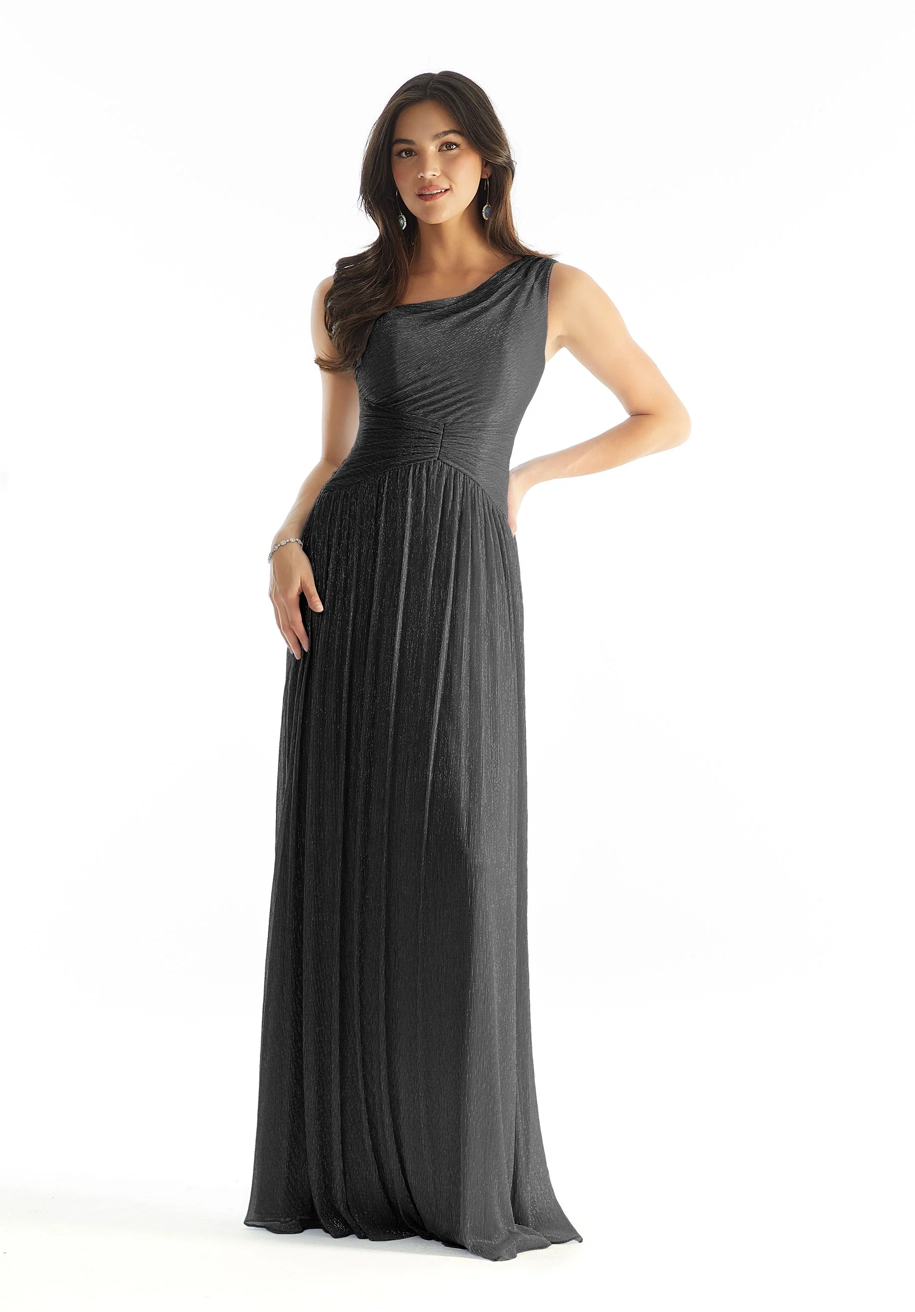 One Shoulder Pleated Shimmer Bridesmaid Dress with Asymmetric Waist - Image 8