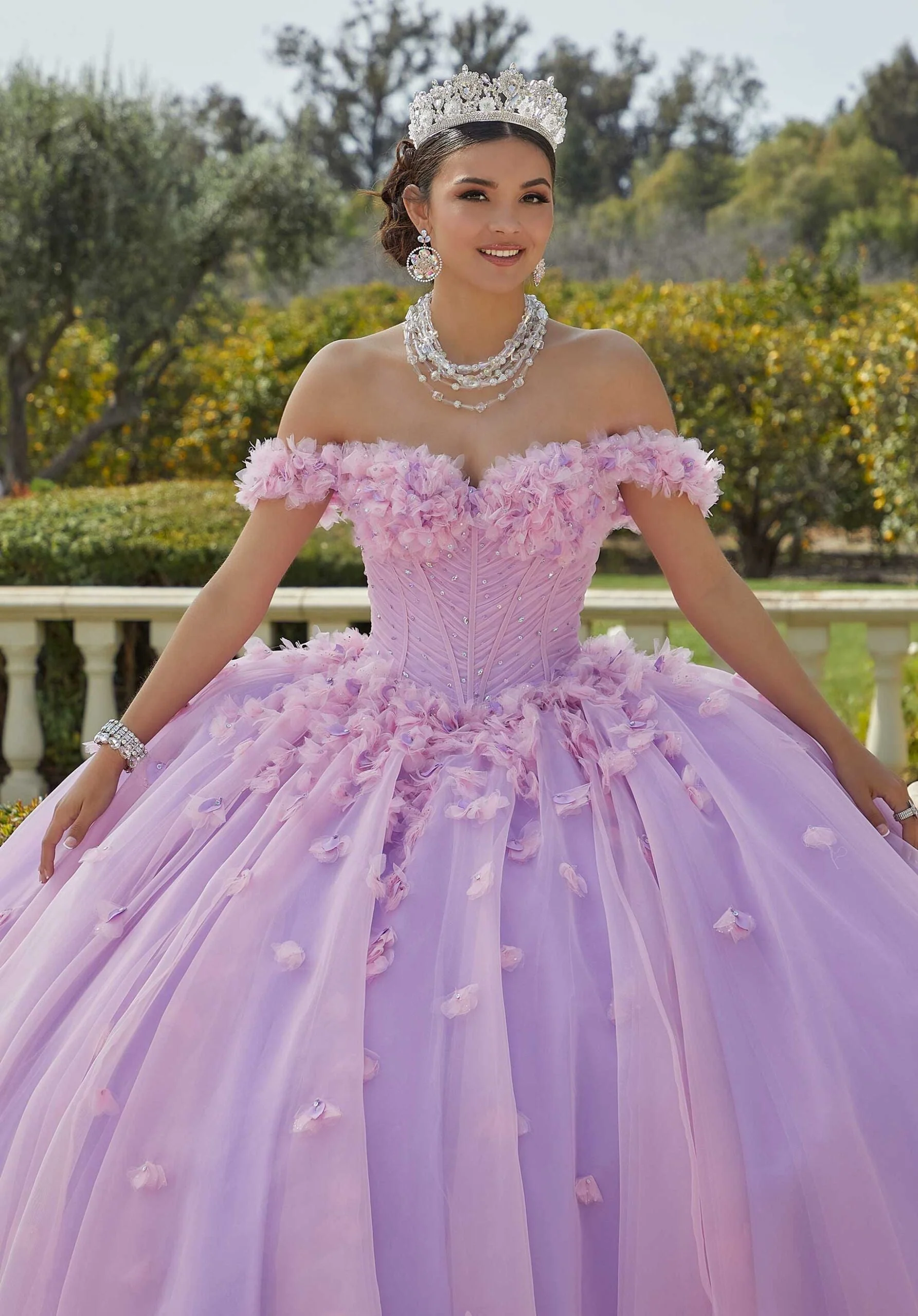 Organza Floral Quinceañera Dress with Crystal Beading - Image 2