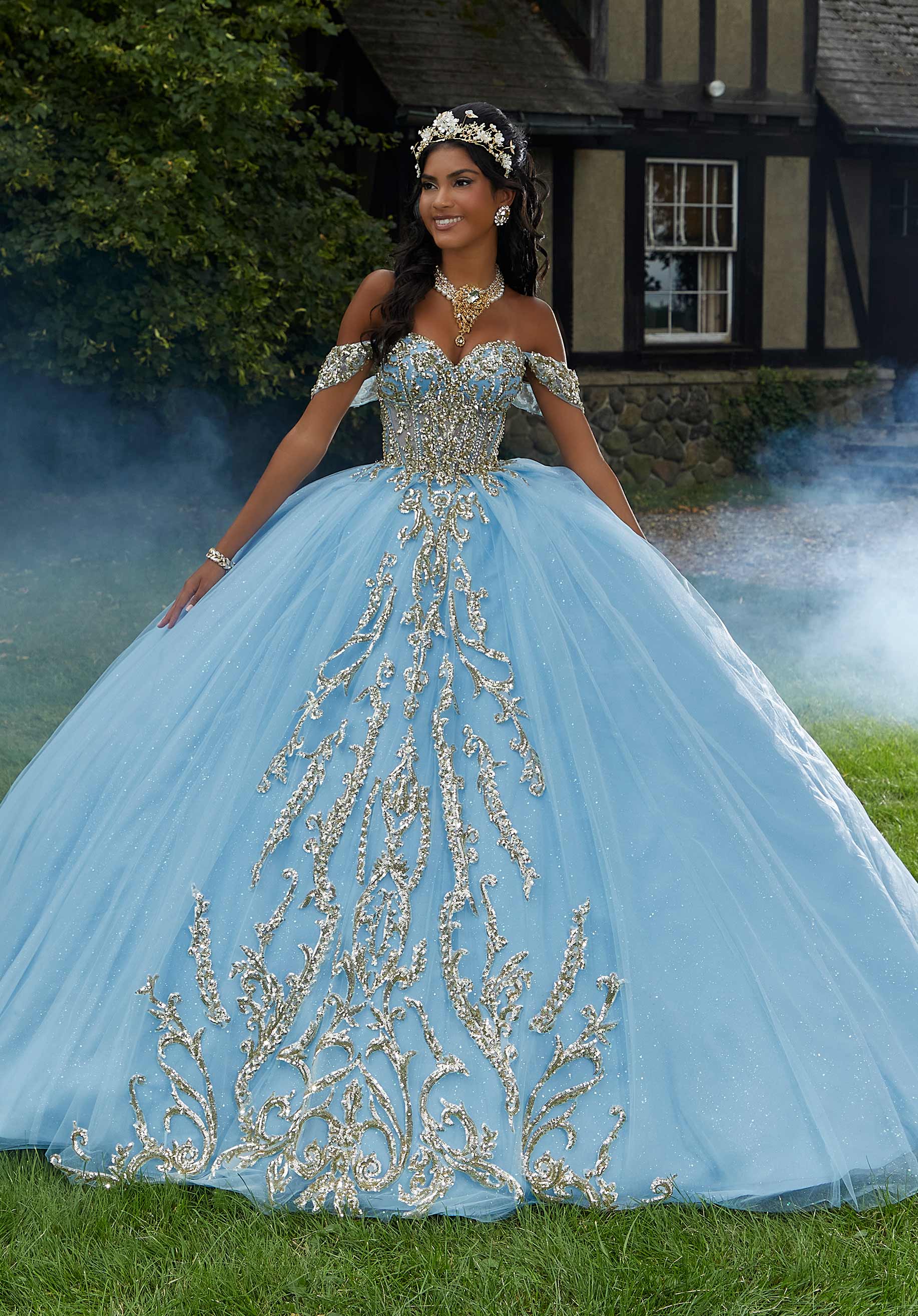 Pattern Sequin Rhinestone and Crystal Beaded Quicneañera Dress - Image 3