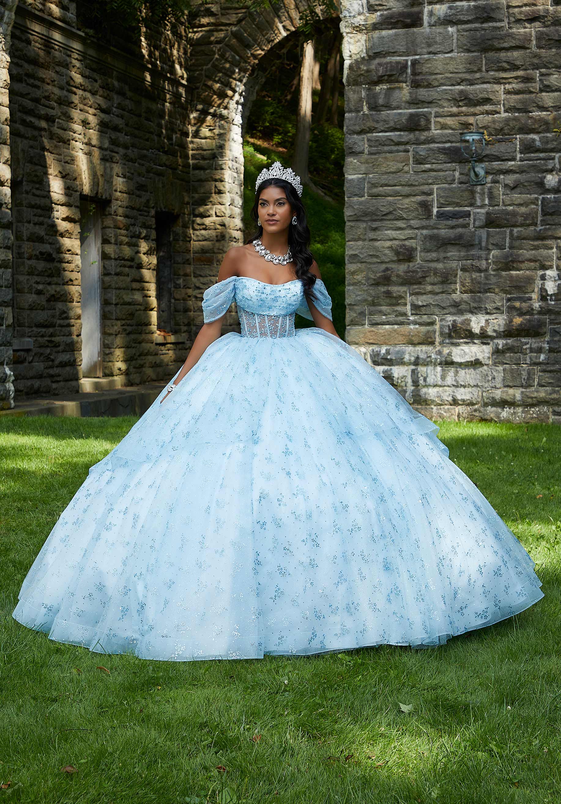 Patterned Glitter and Crystal Beaded Quinceañera Dress with Sheer Bodice - Image 6