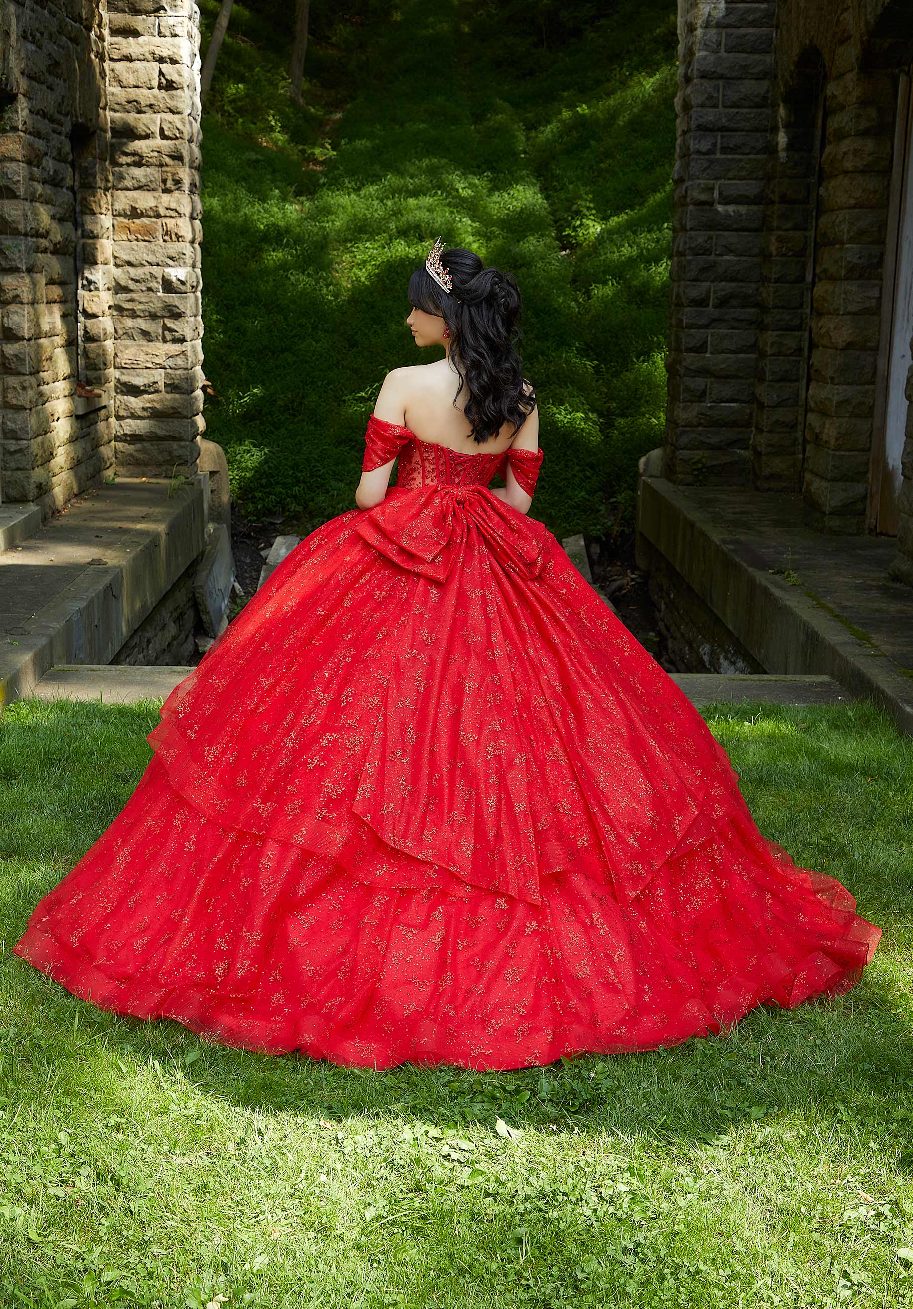 Patterned Glitter and Crystal Beaded Quinceañera Dress with Sheer Bodice - Image 8