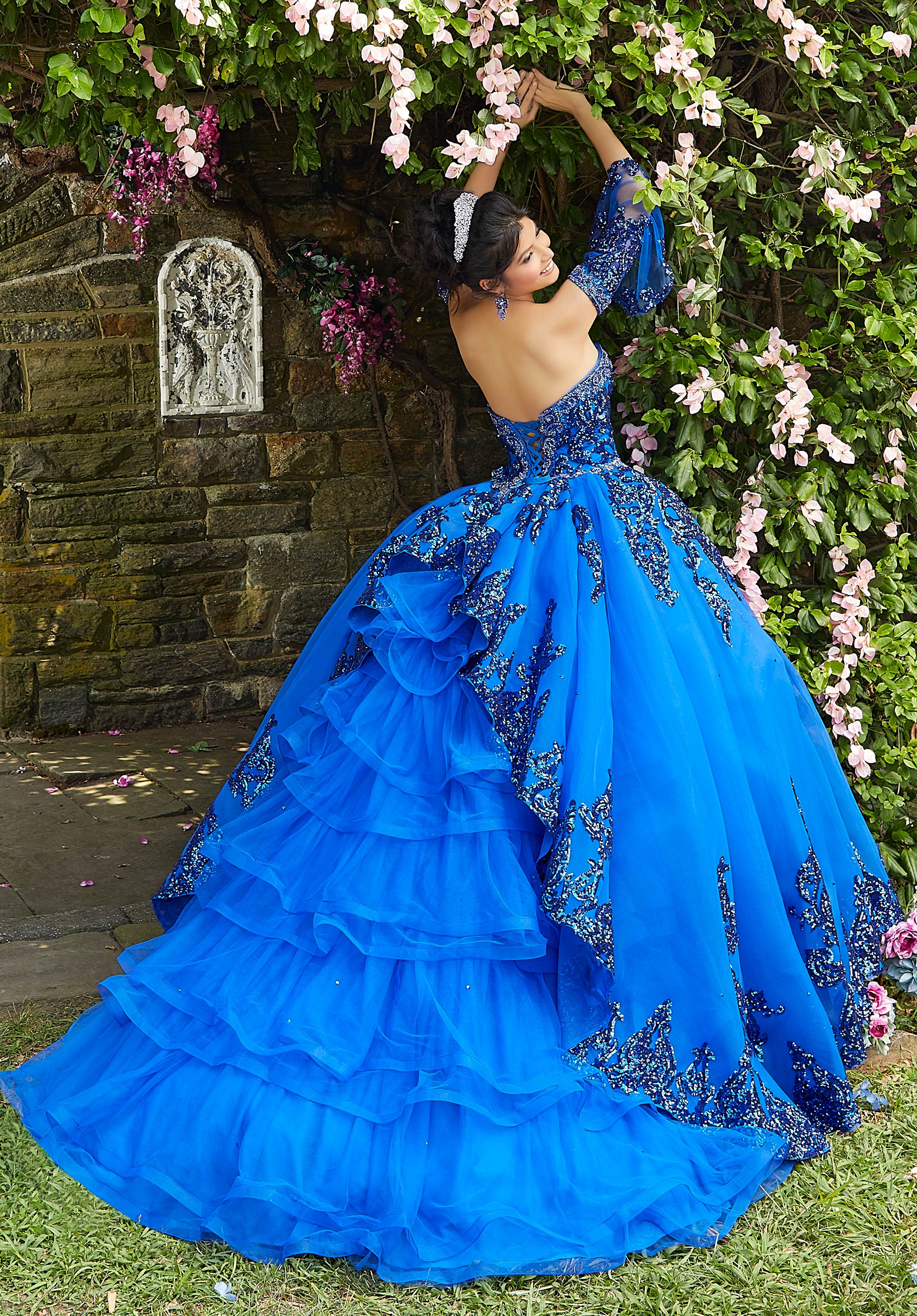 Rhinestone and Crystal Beaded Trim on a Patterned Sequin Tulle Ballgown - Image 11