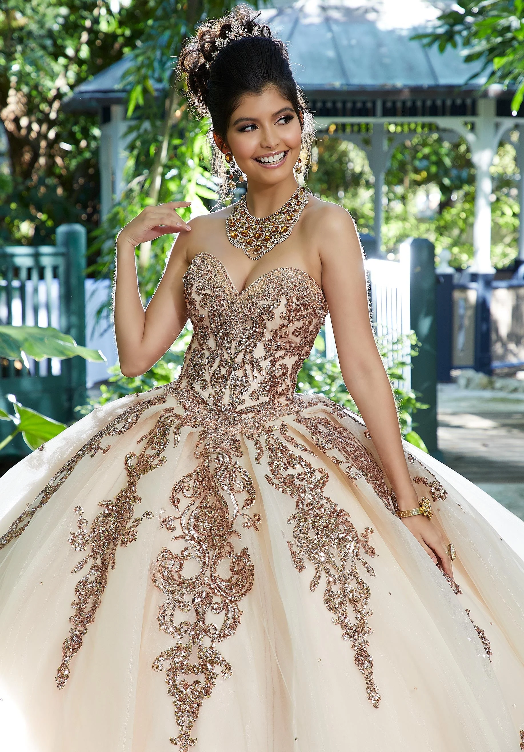Rhinestone and Crystal Beaded Trim on a Patterned Sequin Tulle Ballgown - Image 2