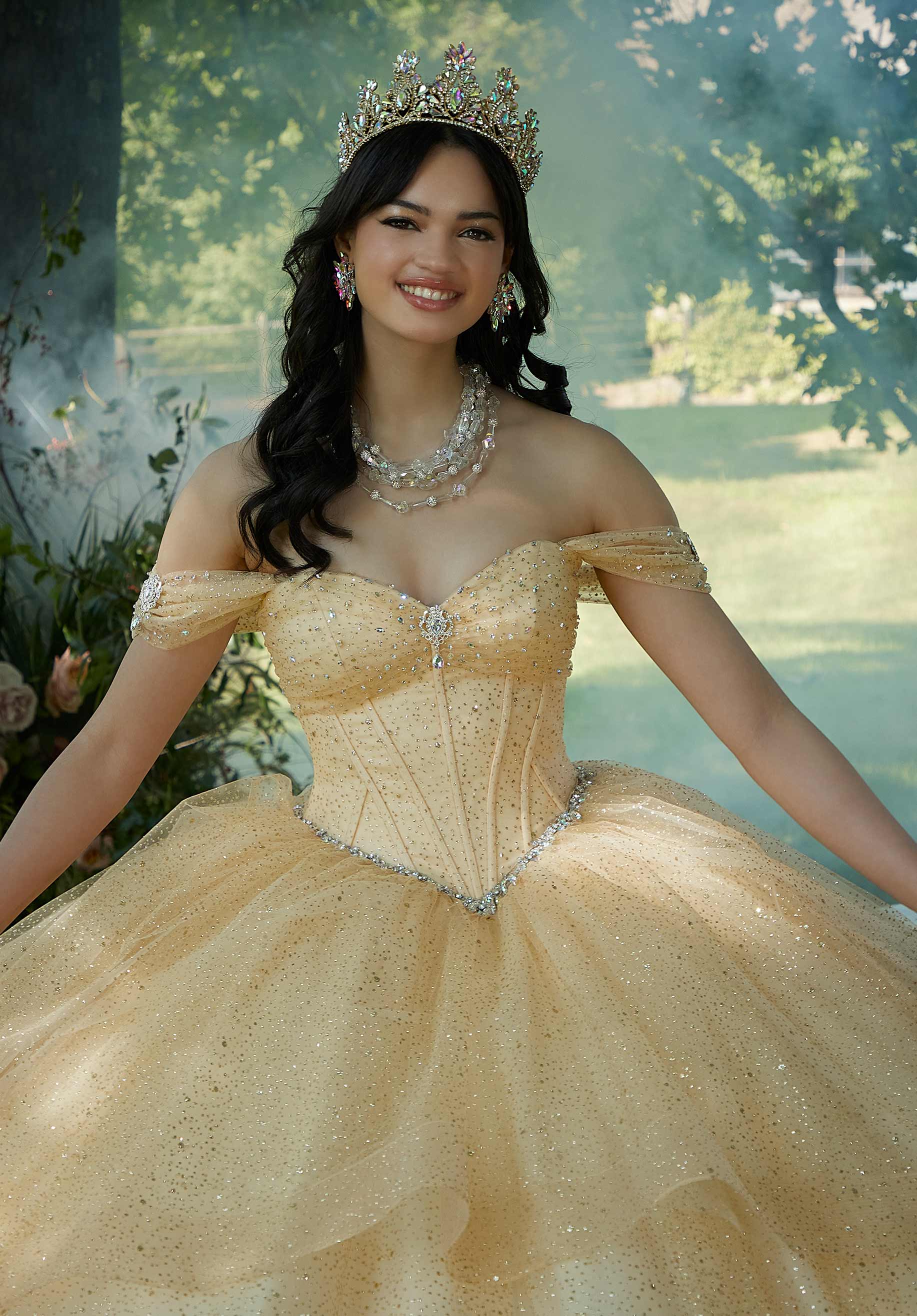 Rhinestone and Patterned Glitter Quinceañera Dress with Skirt Overskirt - Image 2