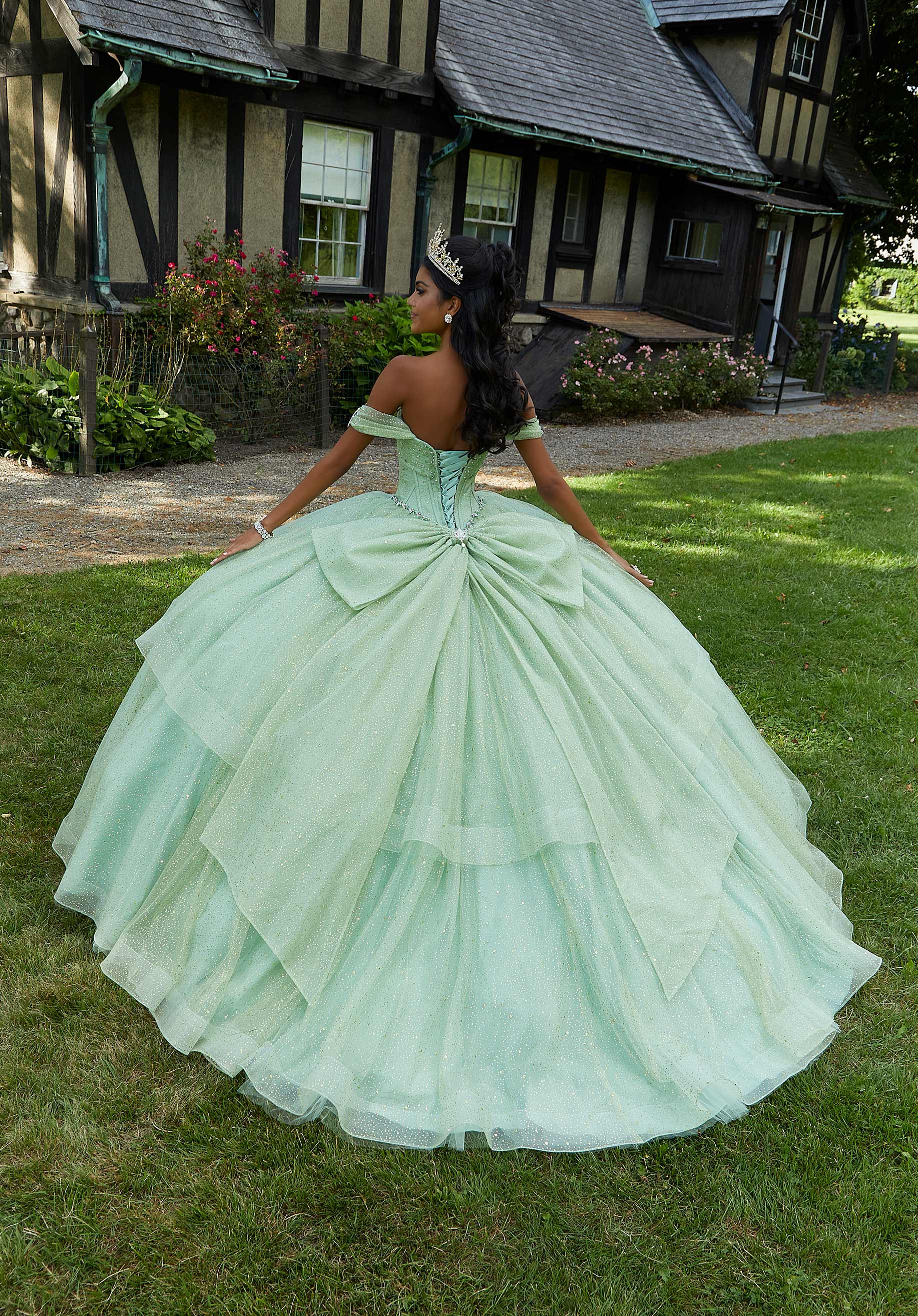 Rhinestone and Patterned Glitter Quinceañera Dress with Skirt Overskirt - Image 6
