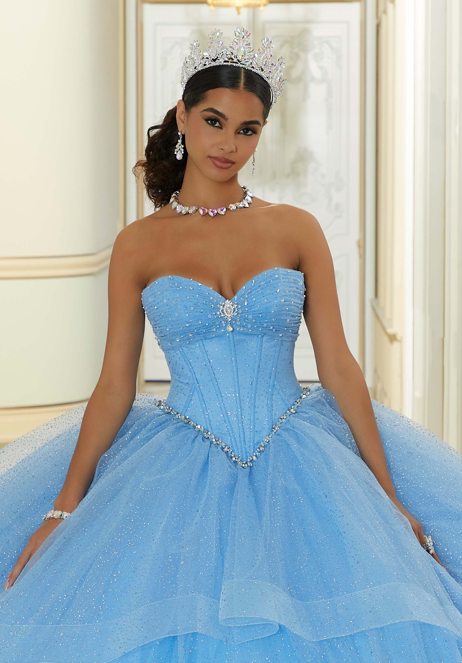 Rhinestone and Patterned Glitter Quinceañera Dress with Skirt Overskirt - Image 8