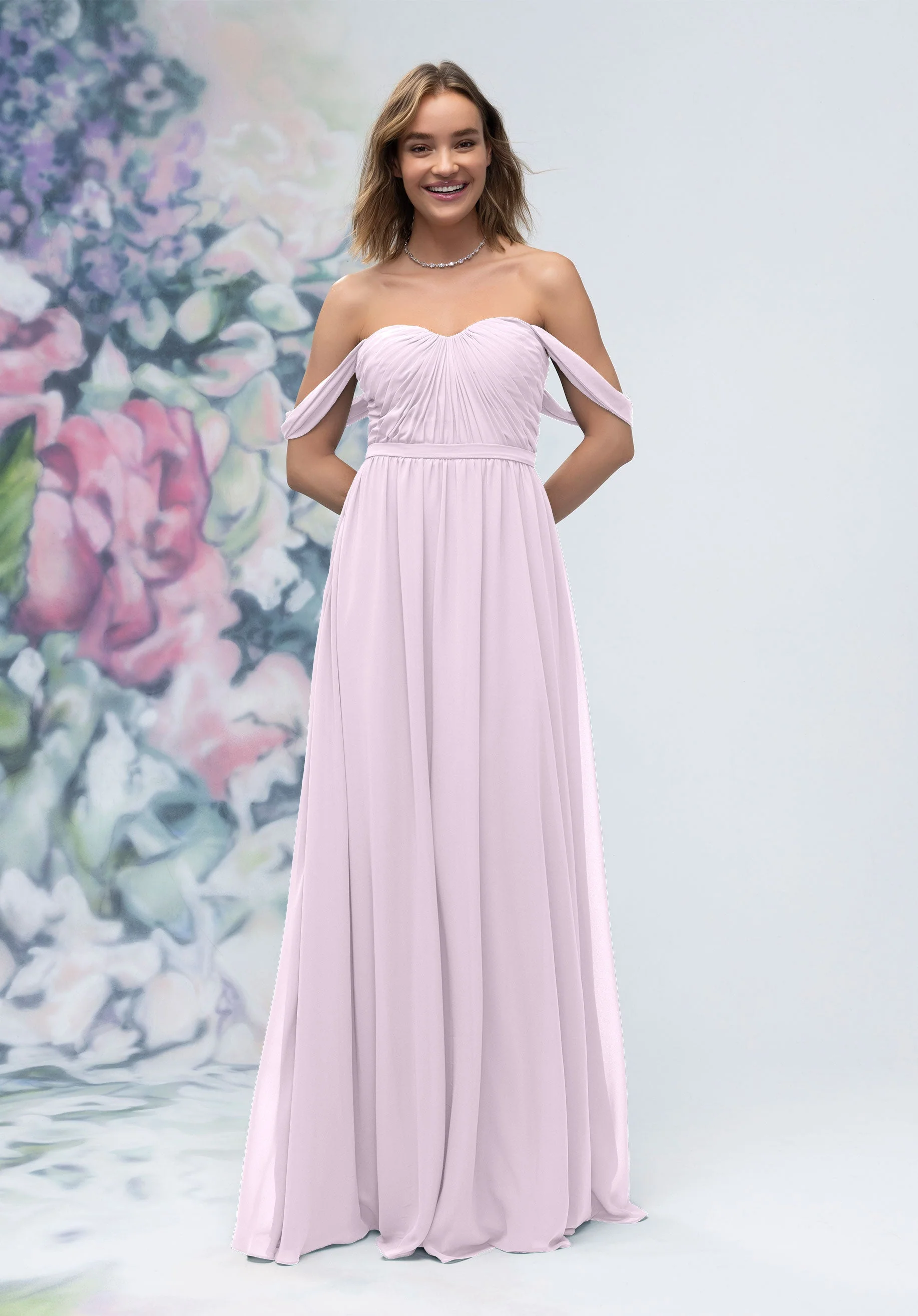 Ruched Sweetheart Chiffon Bridesmaid Dress with Off The Shoulder Sleeves - Image 56
