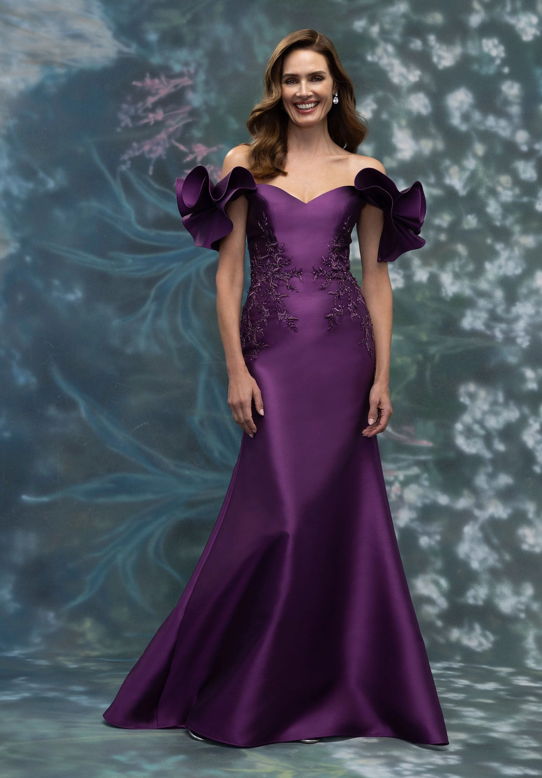 Ruffle Shoulder Mikado Evening Gown with Beaded Embroidery - Image 4