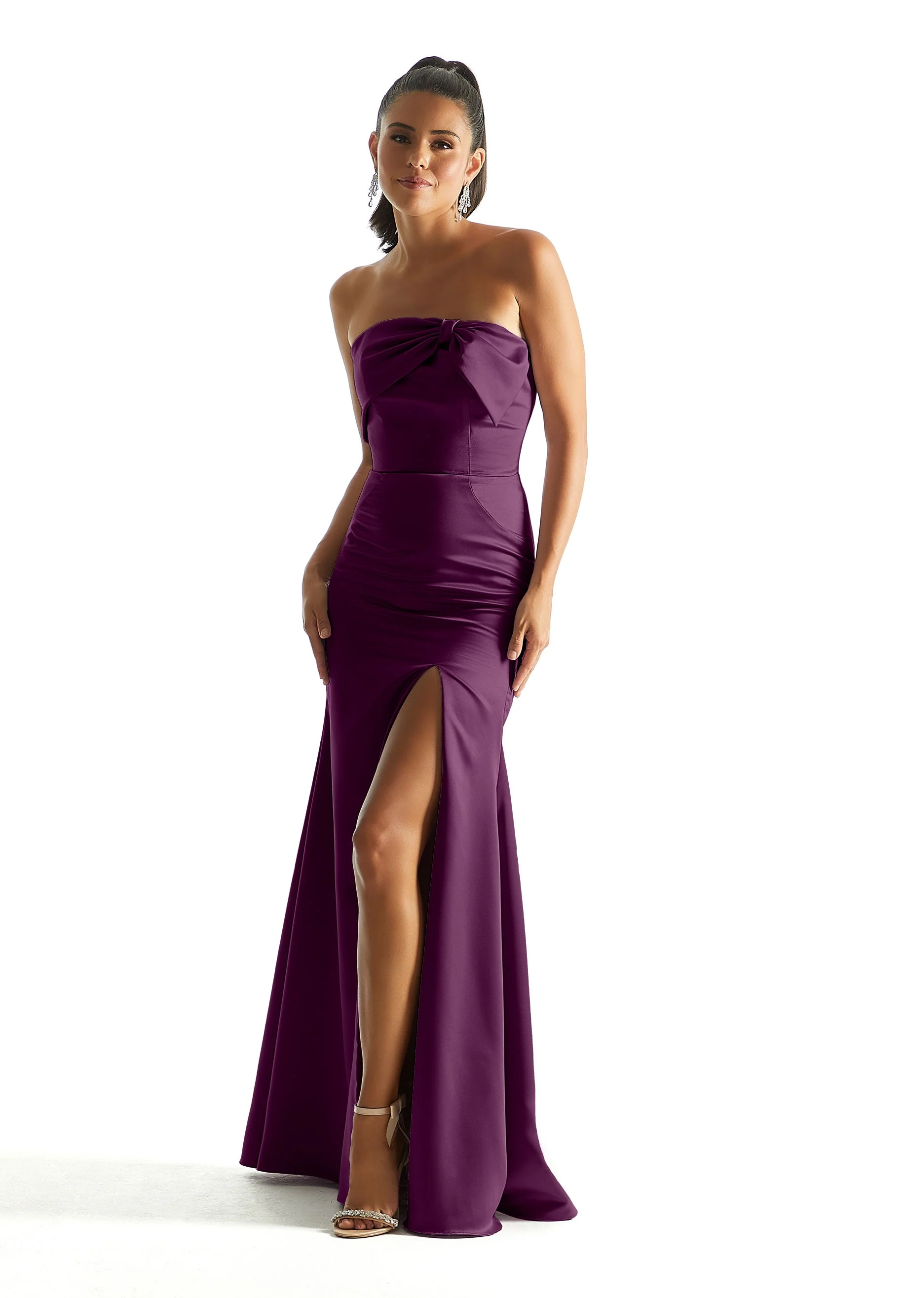 Satin Fit and Flare Bridesmaid Dress with Bow Neckline - Image 30