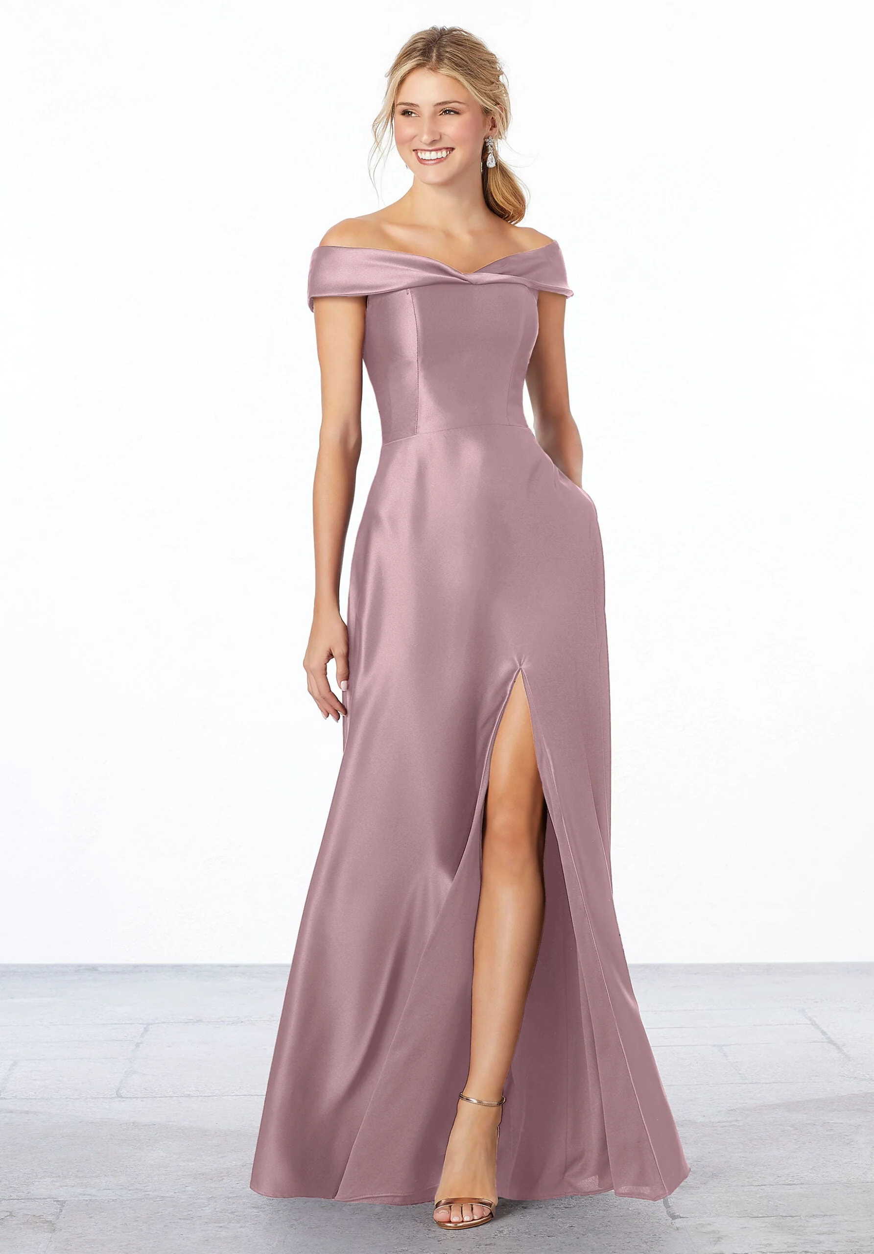 Satin Off-The-Shoulder Bridesmaid Dress - Image 23
