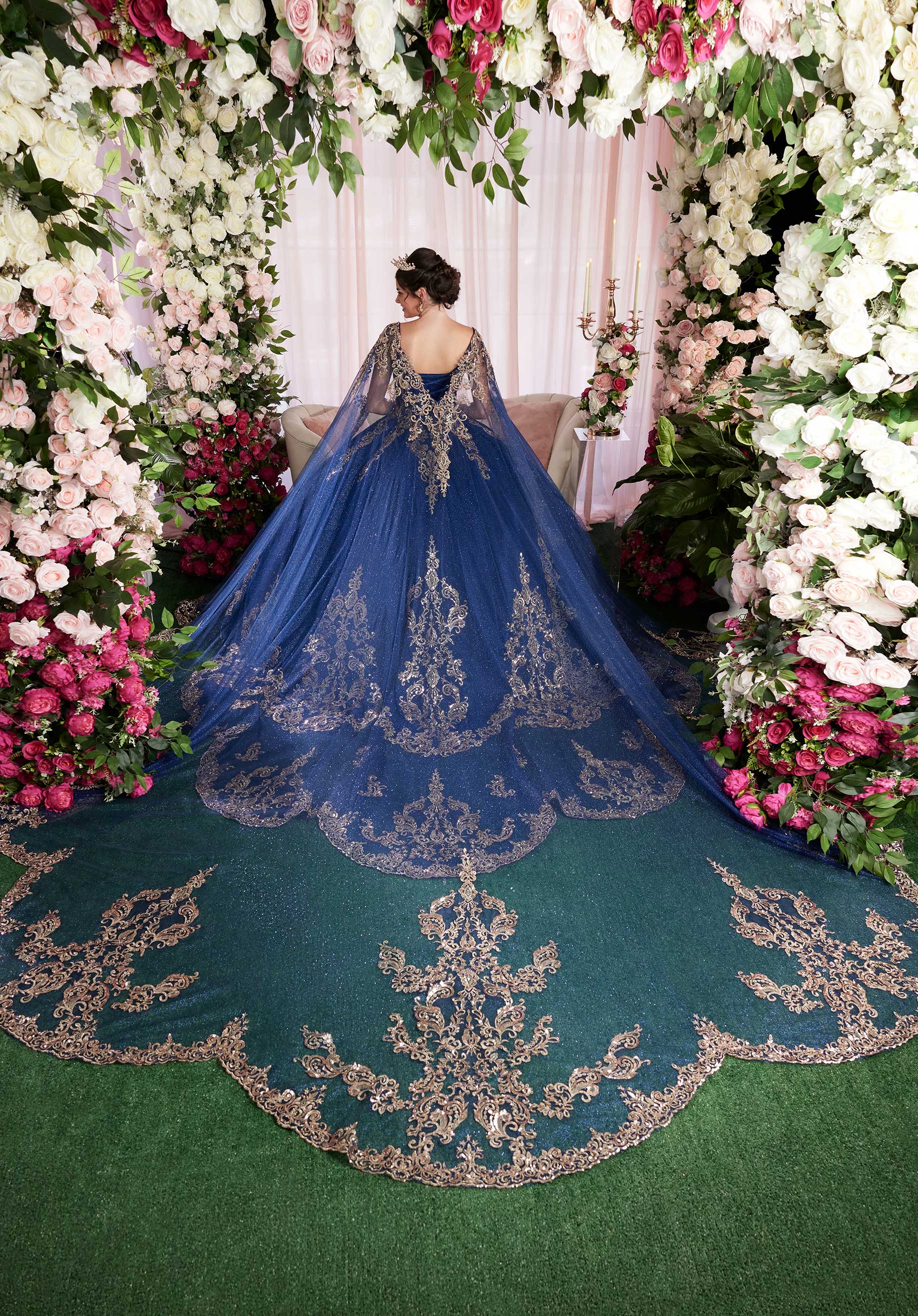 Sequin Embroidered Metallic Quinceañera Dress with Cape - Image 11