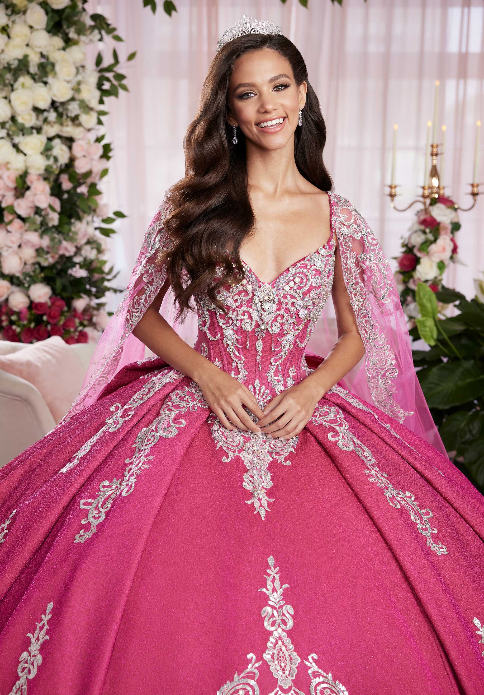 Sequin Embroidered Metallic Quinceañera Dress with Cape - Image 7