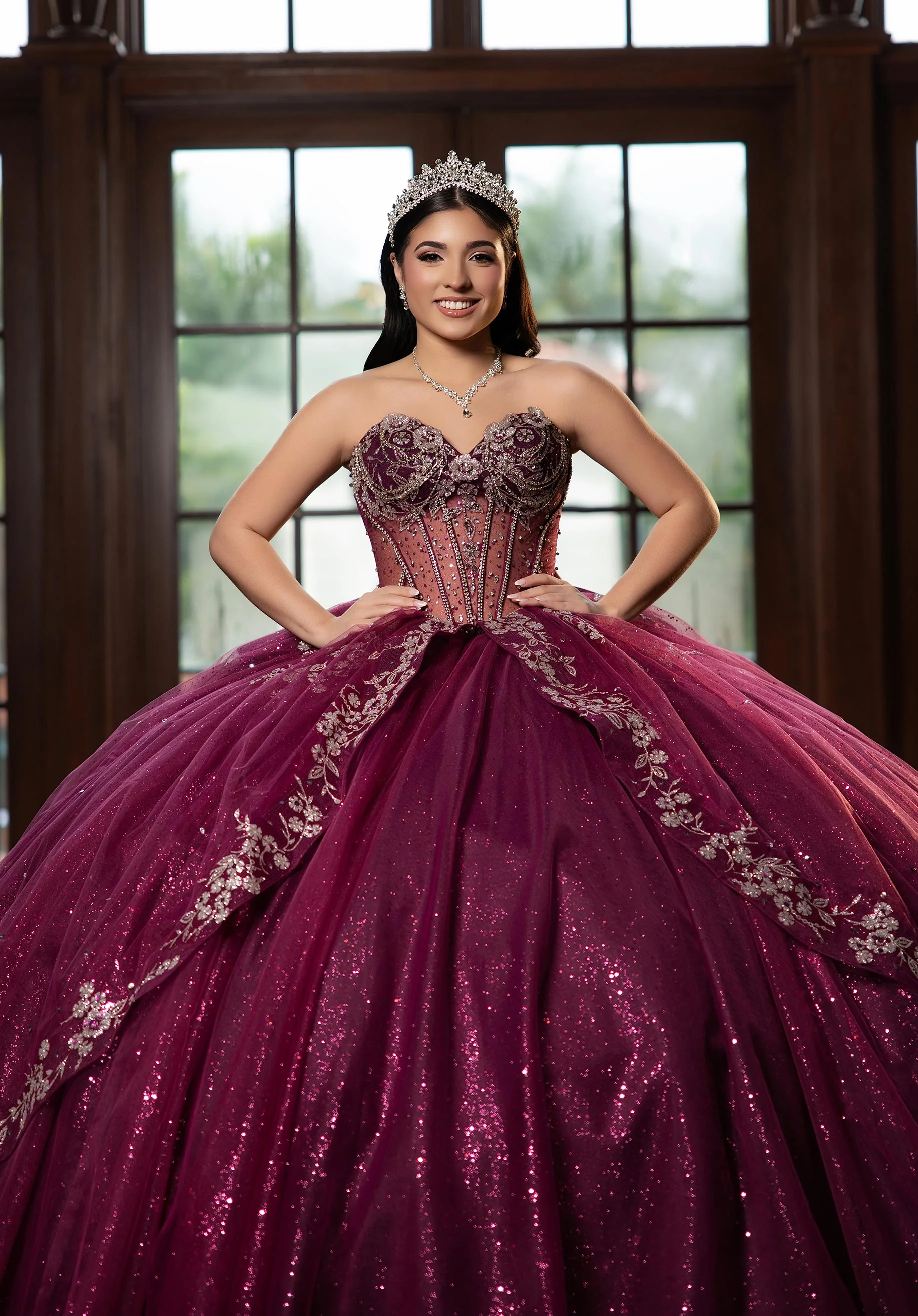 Sheer Chandelier Beaded Floral Glitter Quinceañera Dress - Image 3