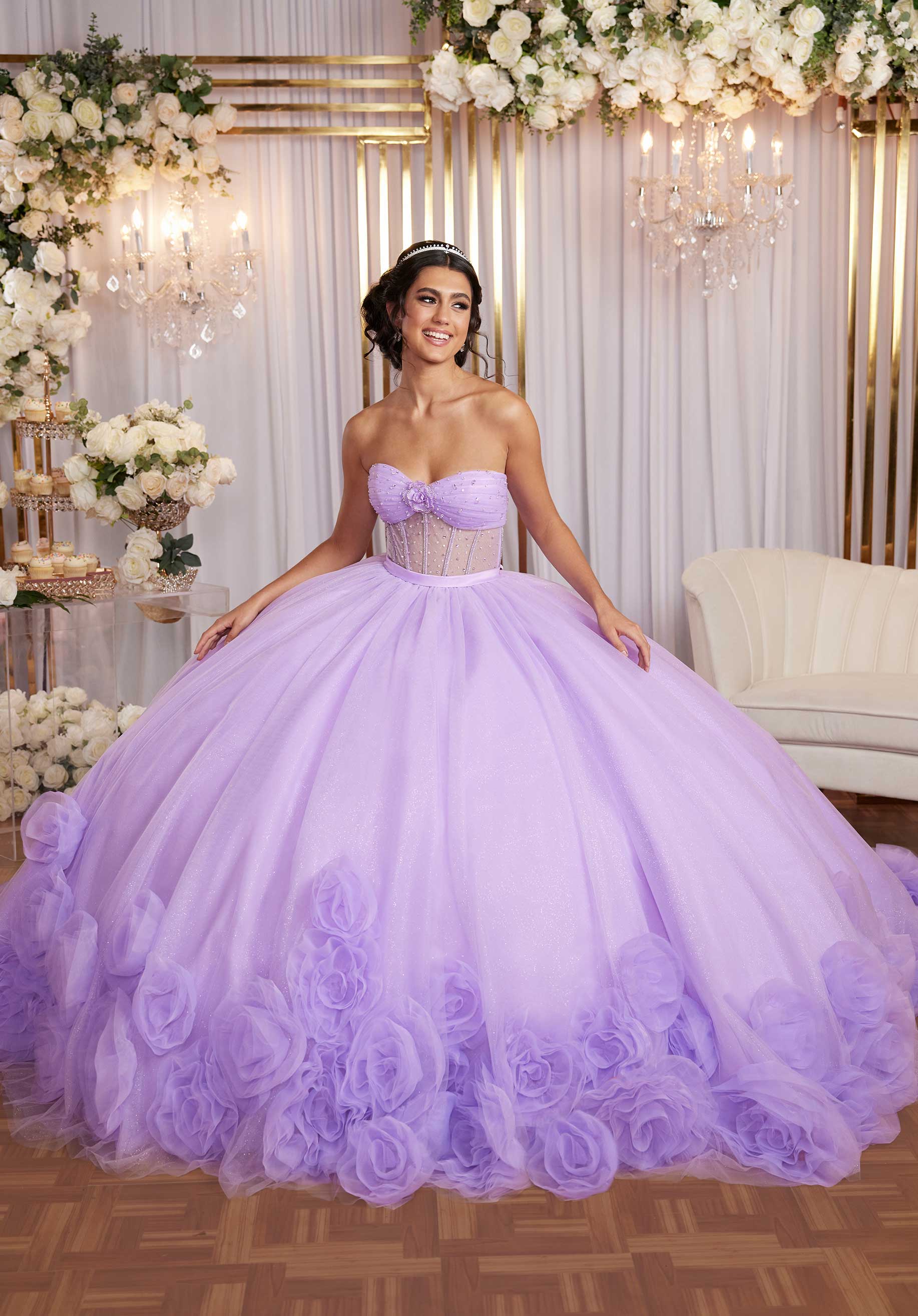 Sheer Corset Three Dimensional Floral Quinceañera Dress - Image 3