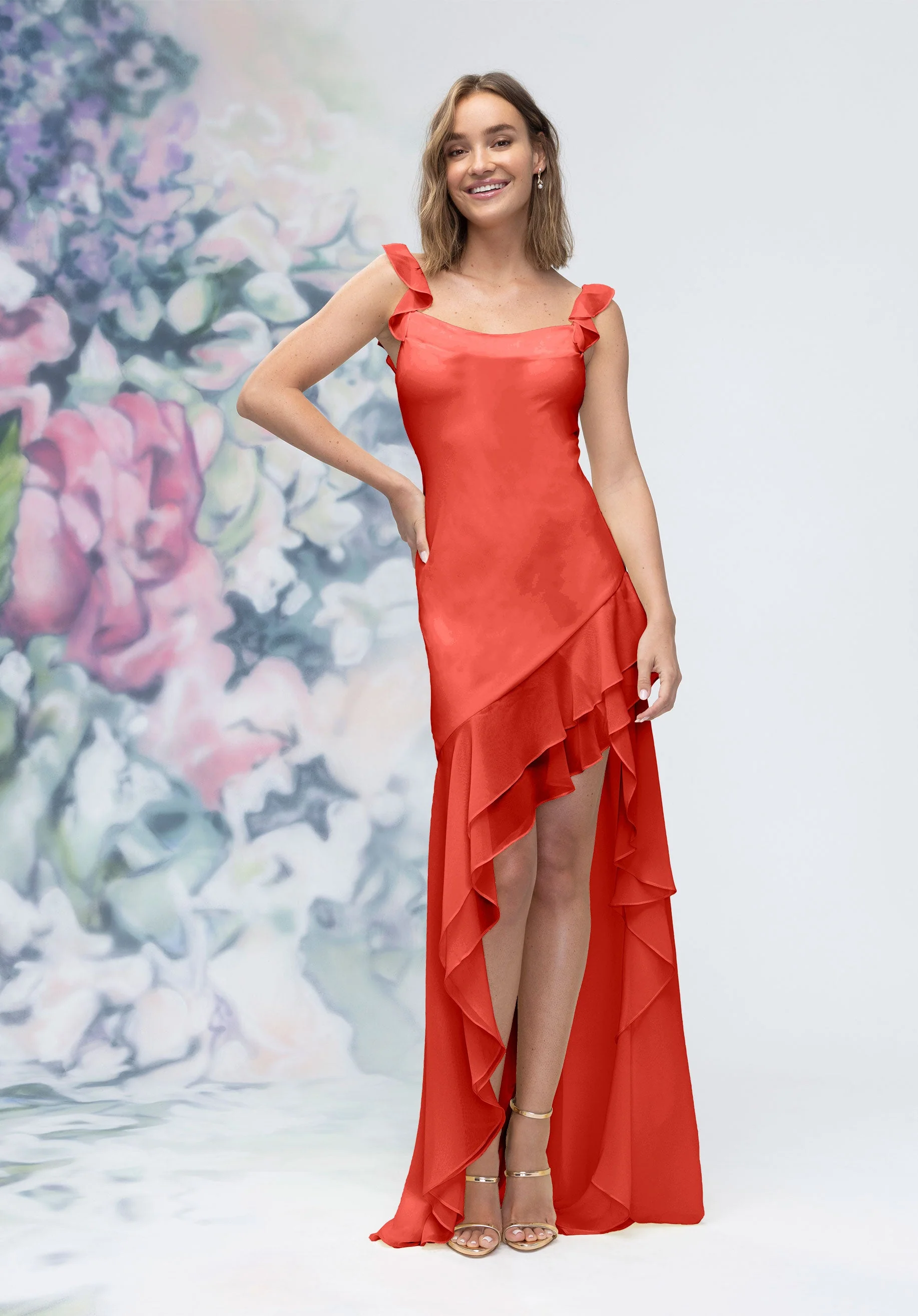 Soft Cowl Chiffon Bridesmaid Dress with Asymmetric Ruffle Skirt - Image 17