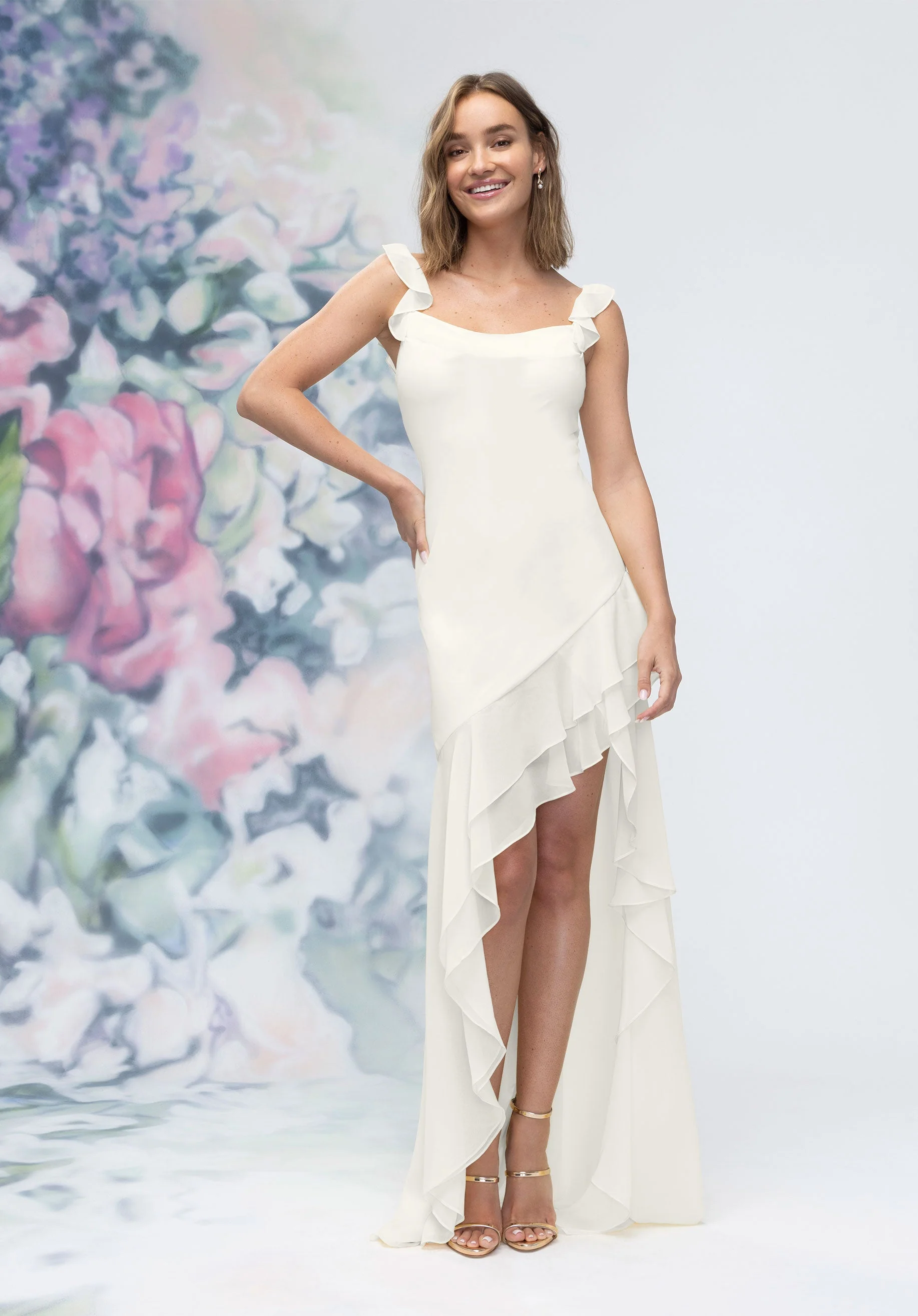Soft Cowl Chiffon Bridesmaid Dress with Asymmetric Ruffle Skirt - Image 31