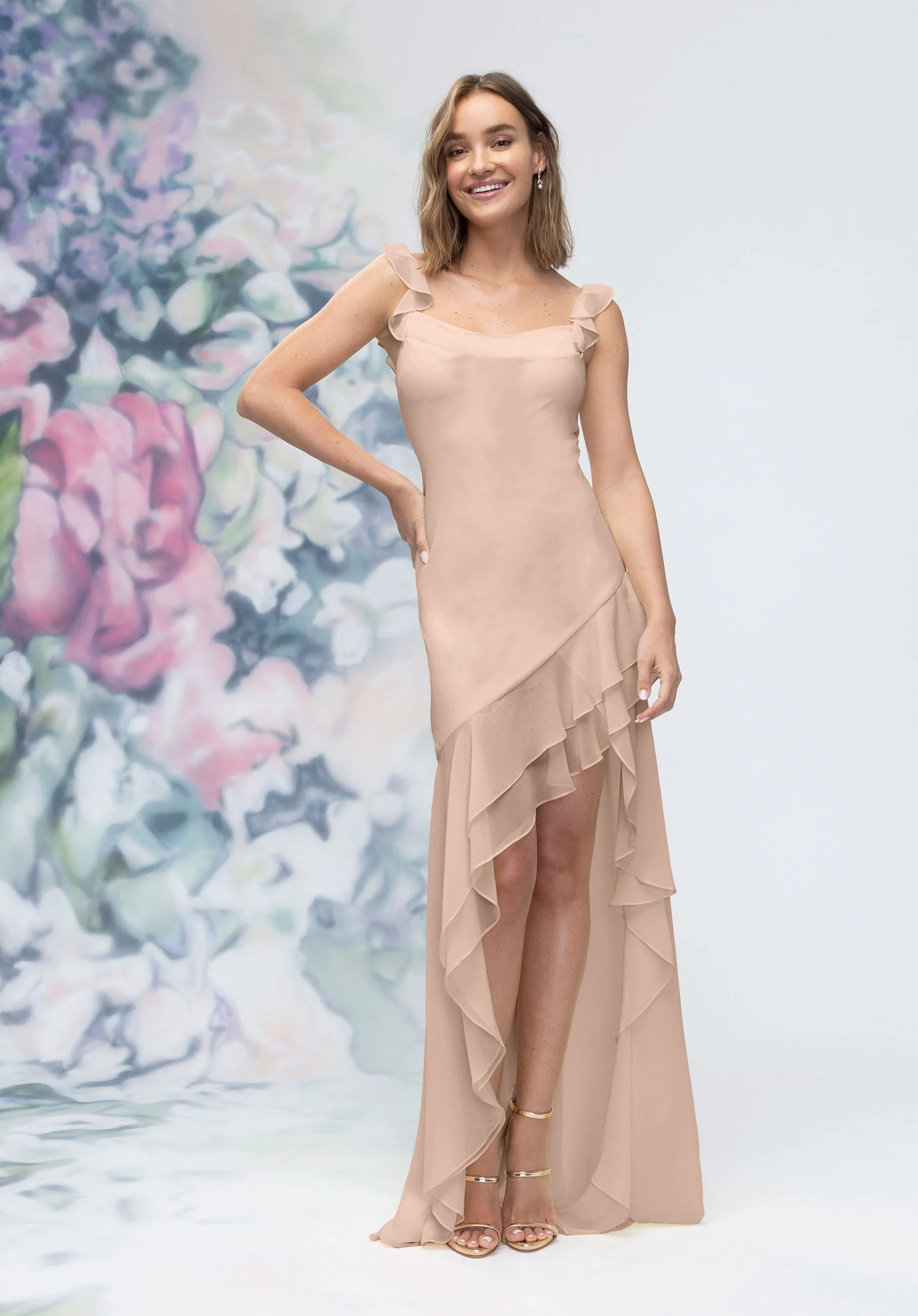 Soft Cowl Chiffon Bridesmaid Dress with Asymmetric Ruffle Skirt - Image 32