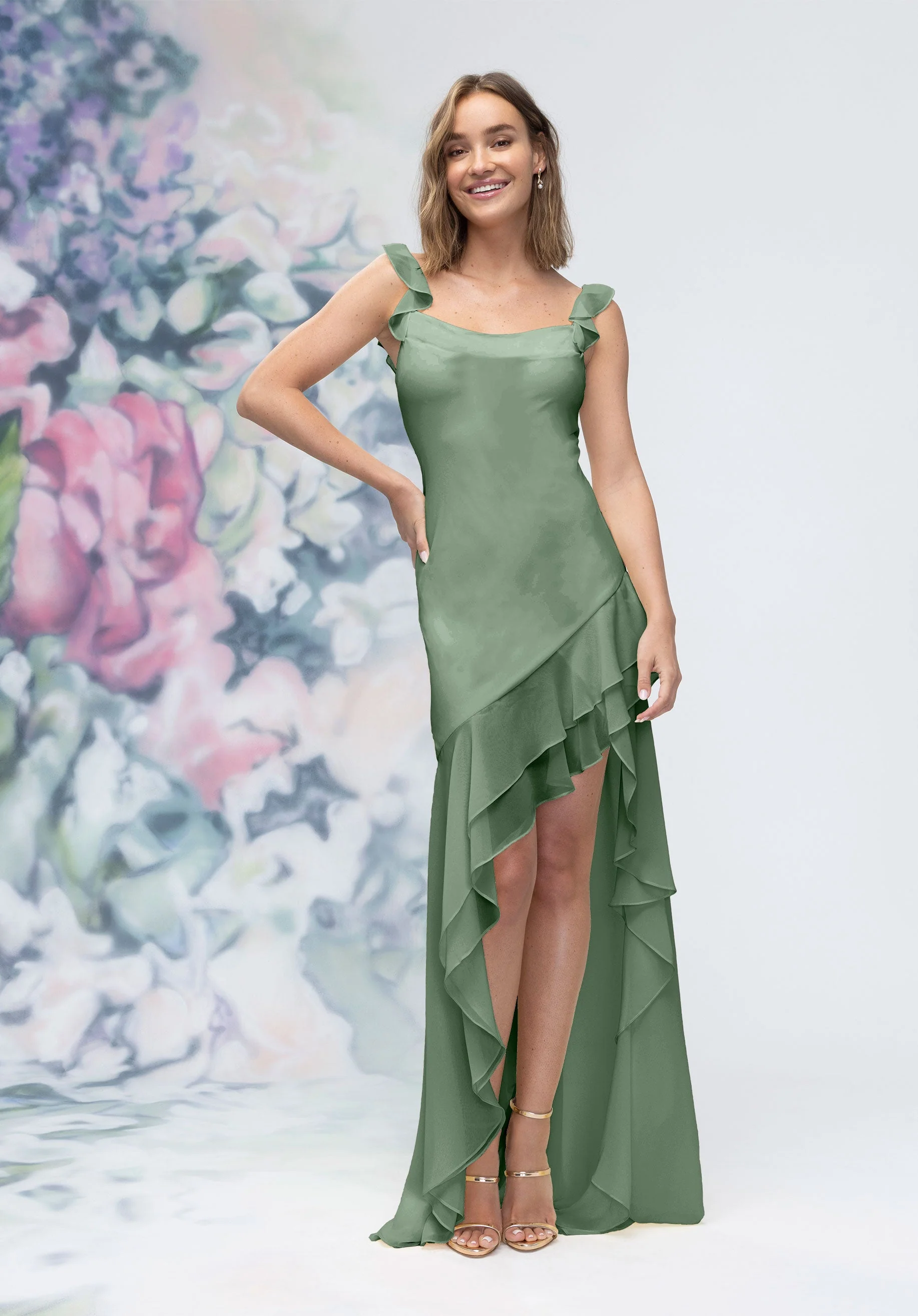 Soft Cowl Chiffon Bridesmaid Dress with Asymmetric Ruffle Skirt - Image 35