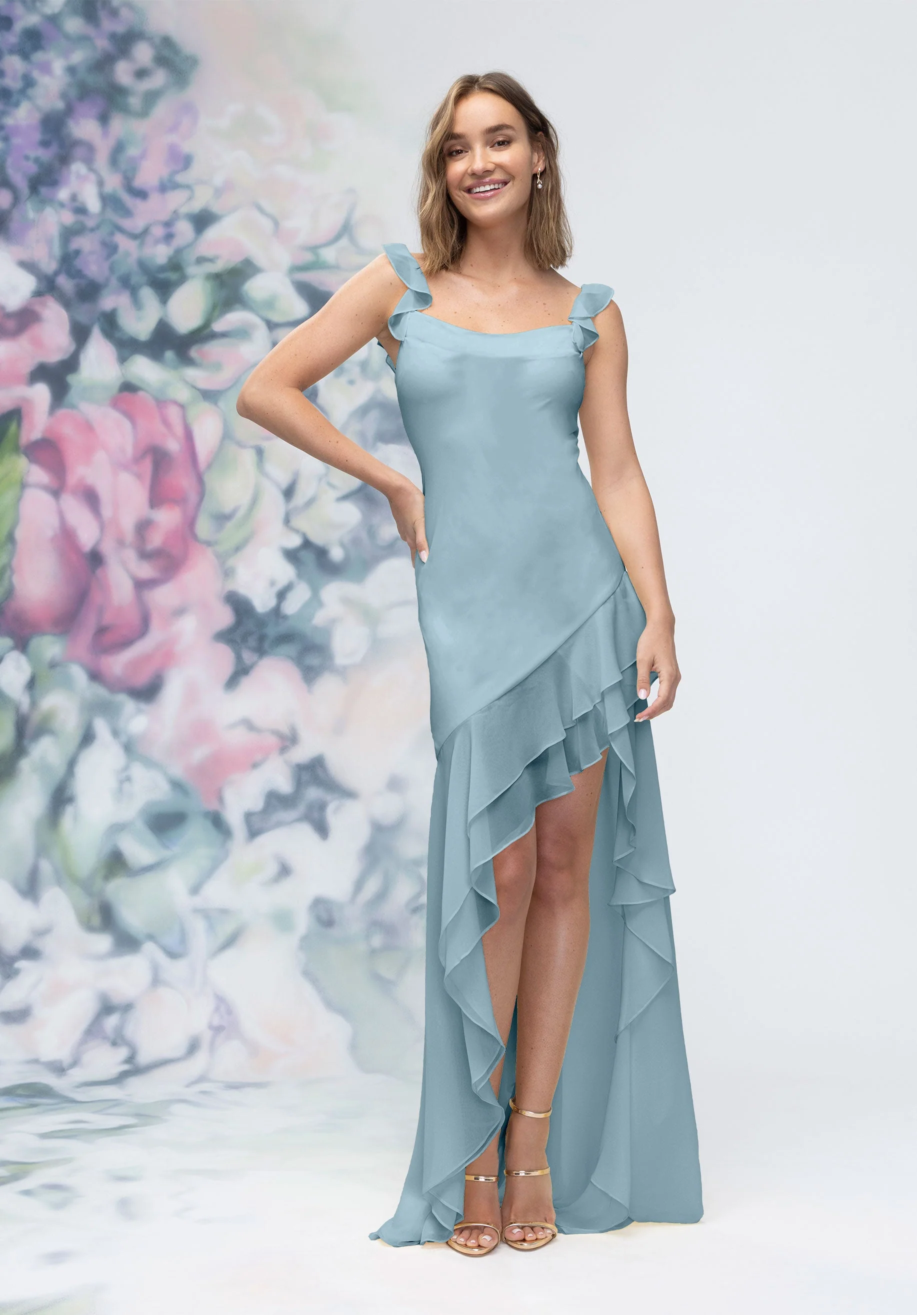 Soft Cowl Chiffon Bridesmaid Dress with Asymmetric Ruffle Skirt - Image 48