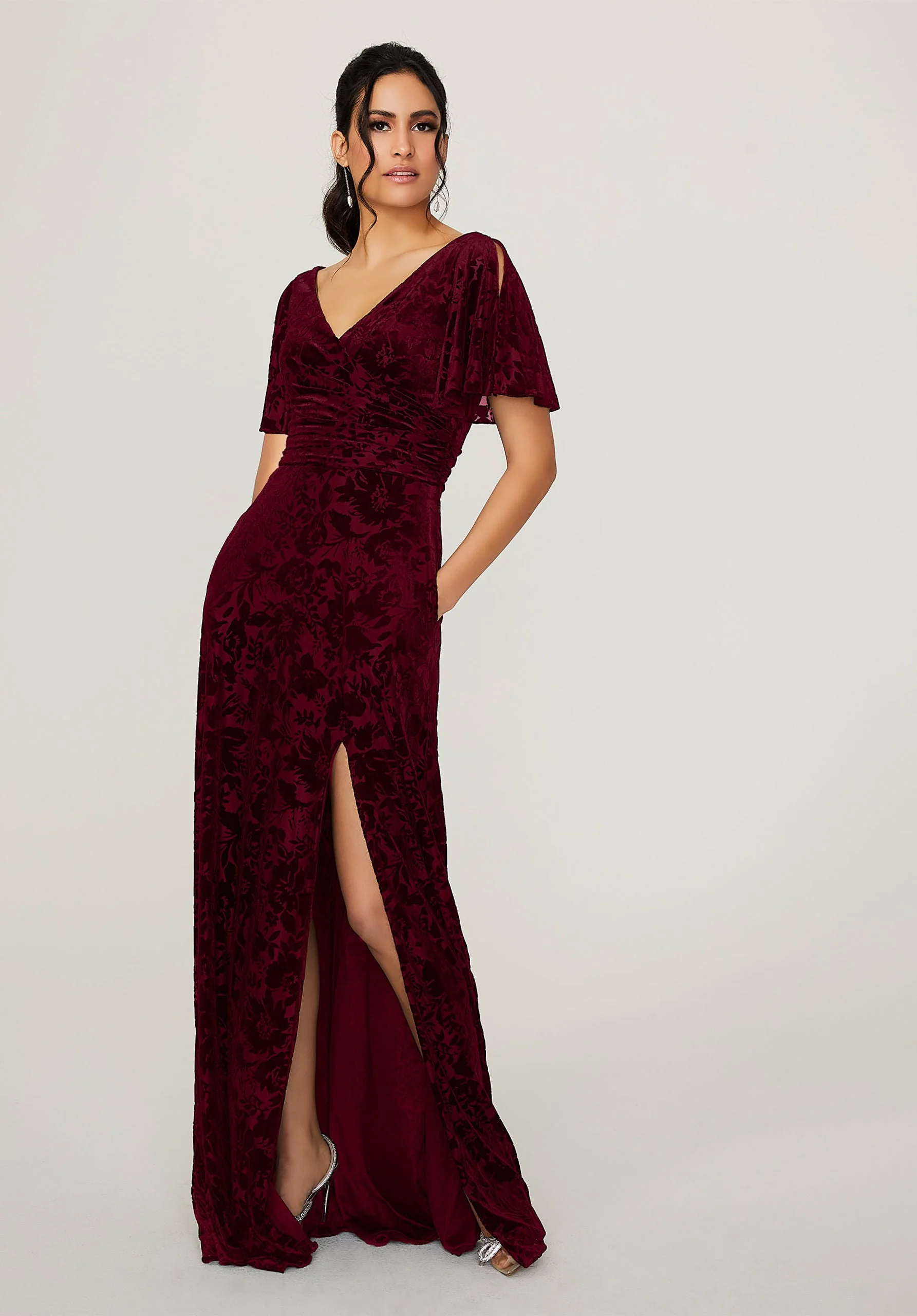 Split Sleeve Floral Velvet Bridesmaid Dress - Image 7