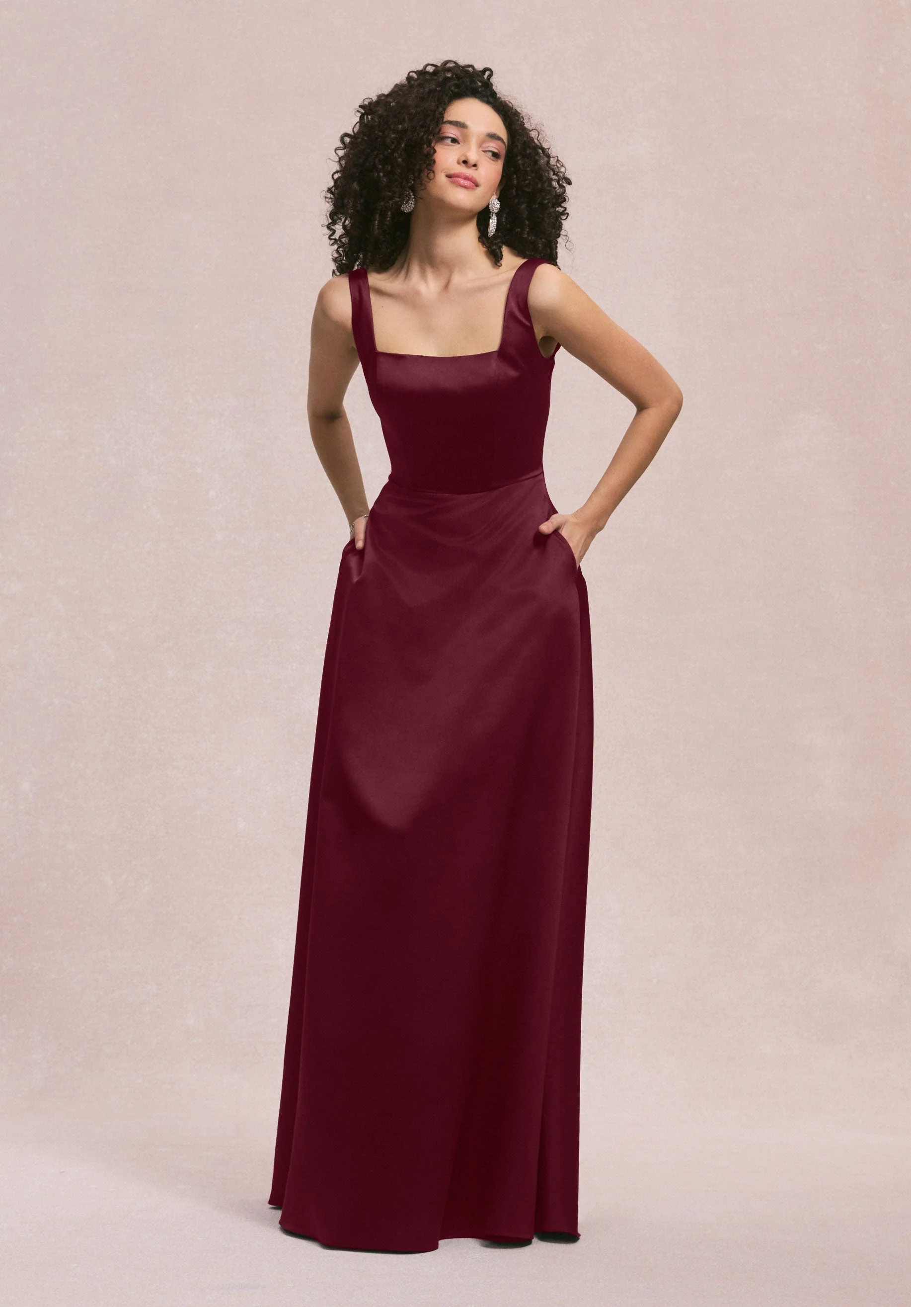 Square Neck Satin Bridesmaid Dress with Detachable Bow - Image 13
