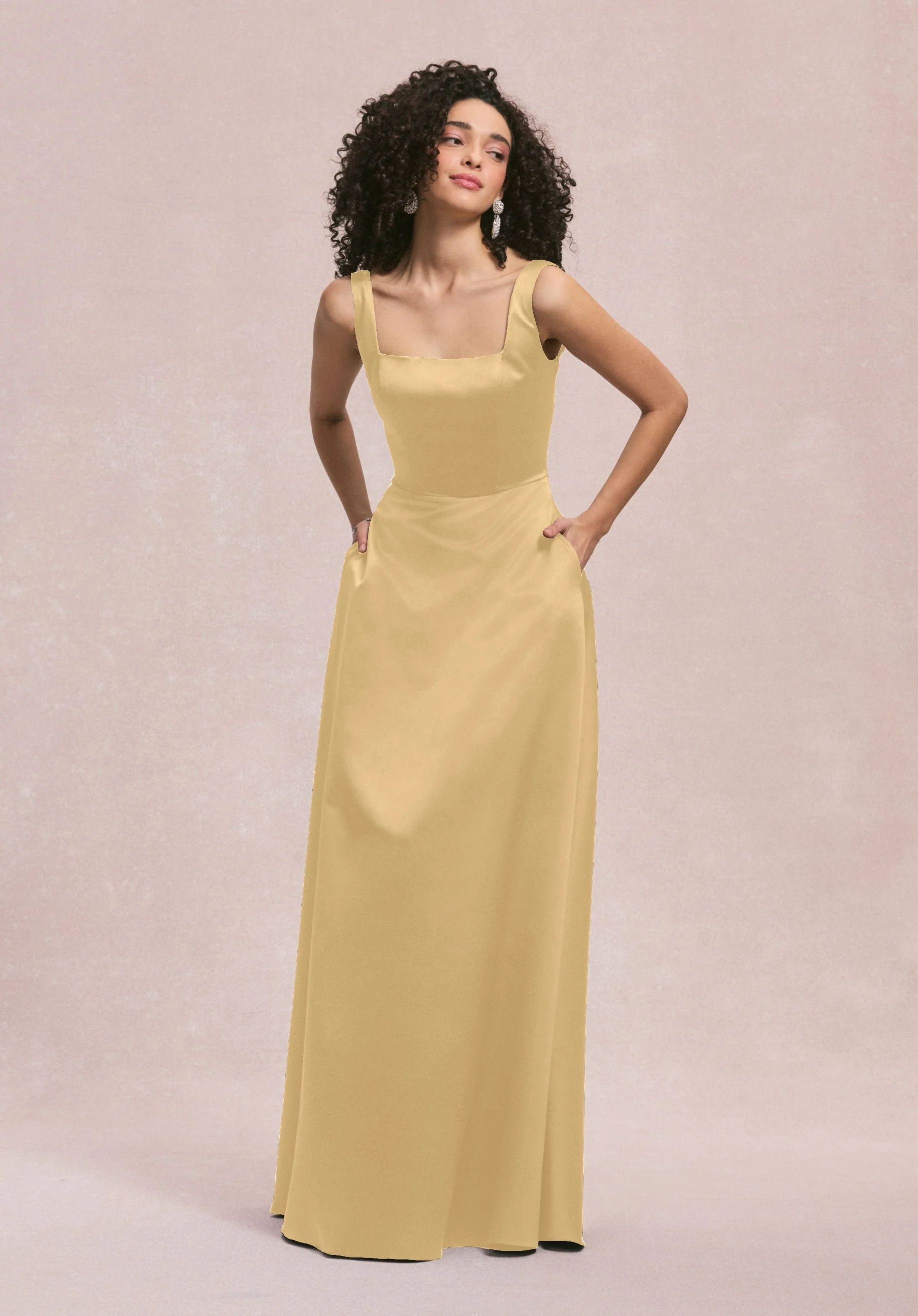 Square Neck Satin Bridesmaid Dress with Detachable Bow - Image 15