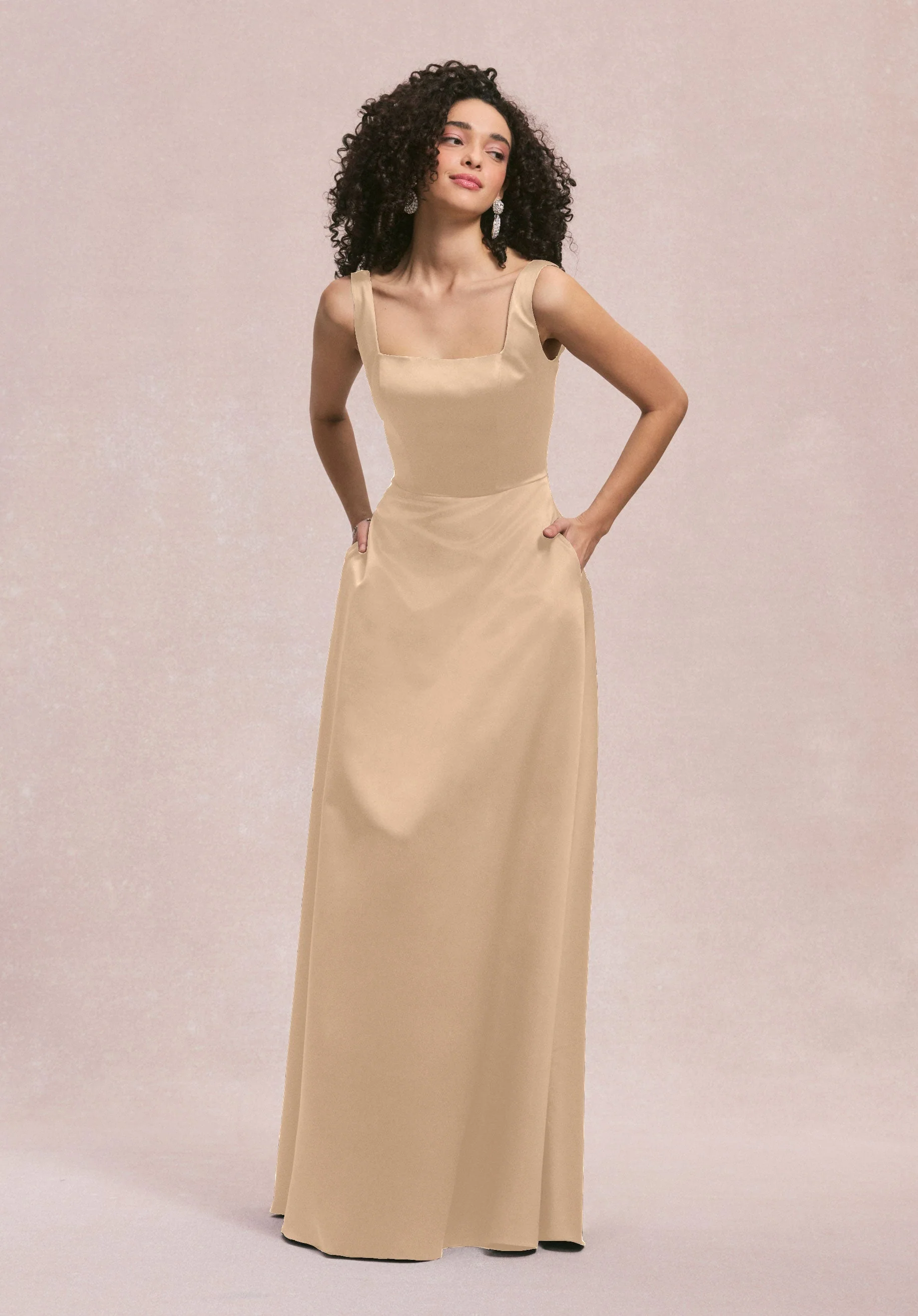Square Neck Satin Bridesmaid Dress with Detachable Bow - Image 17