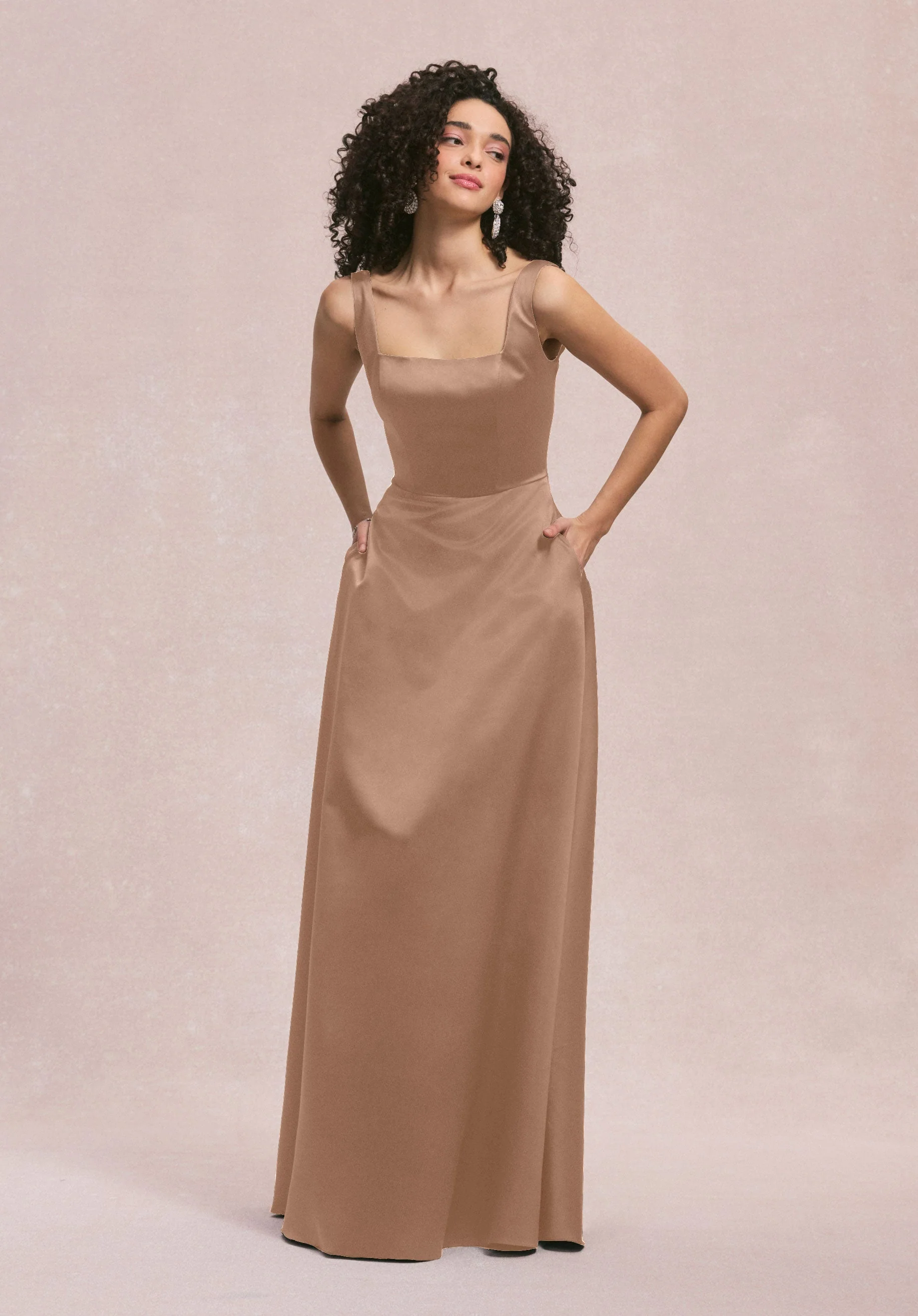 Square Neck Satin Bridesmaid Dress with Detachable Bow - Image 33