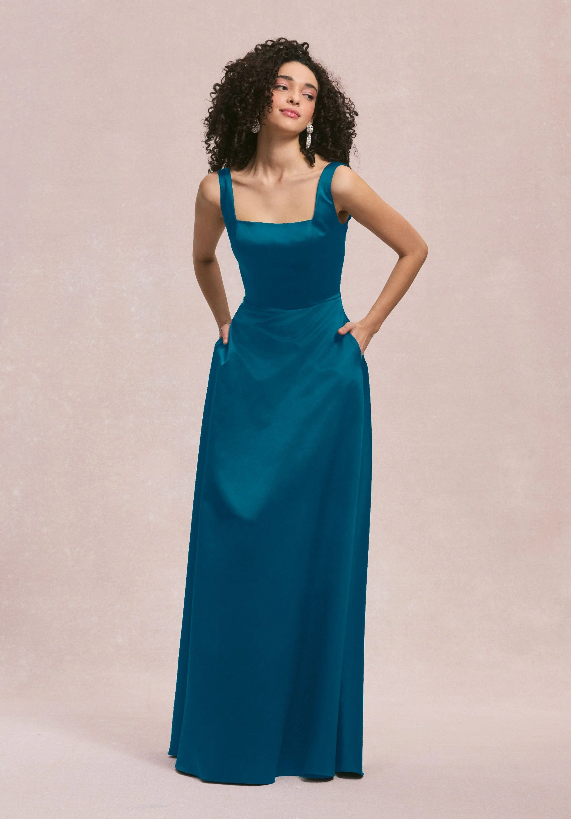 Square Neck Satin Bridesmaid Dress with Detachable Bow - Image 34