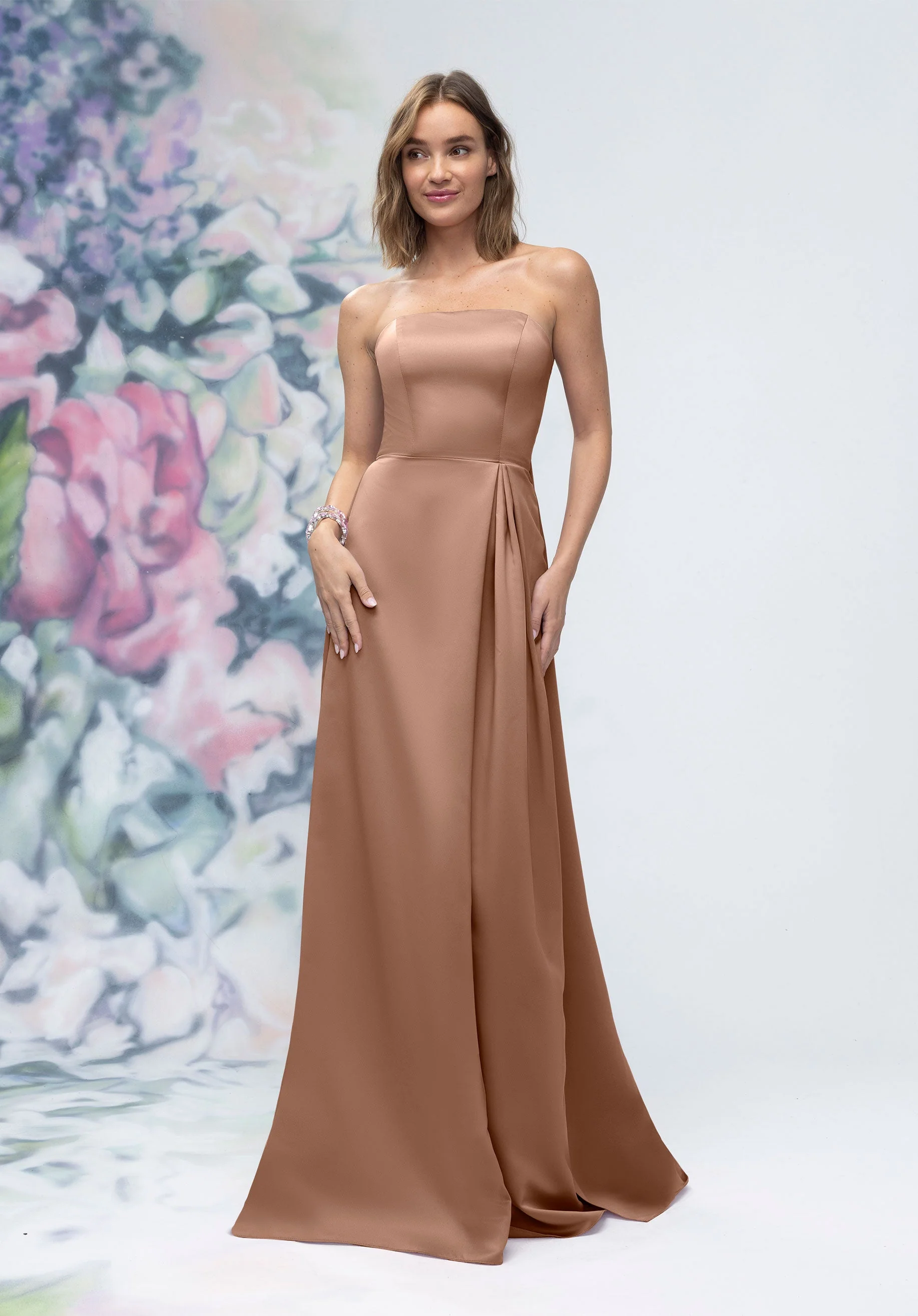 Strapless Straight Neck Satin Bridesmaid Dress with Detachable Watteau Back - Image 31