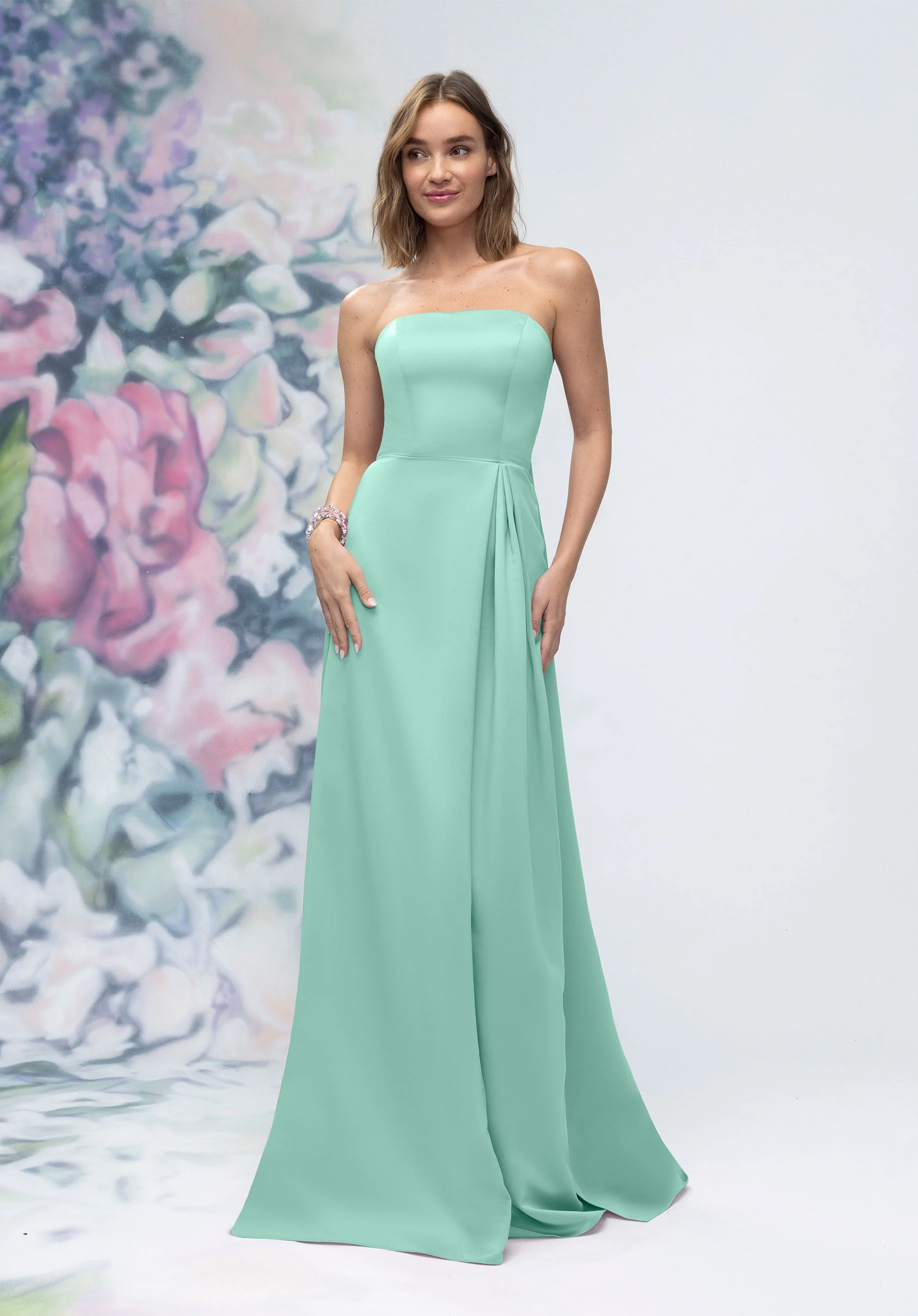 Strapless Straight Neck Satin Bridesmaid Dress with Detachable Watteau Back - Image 37