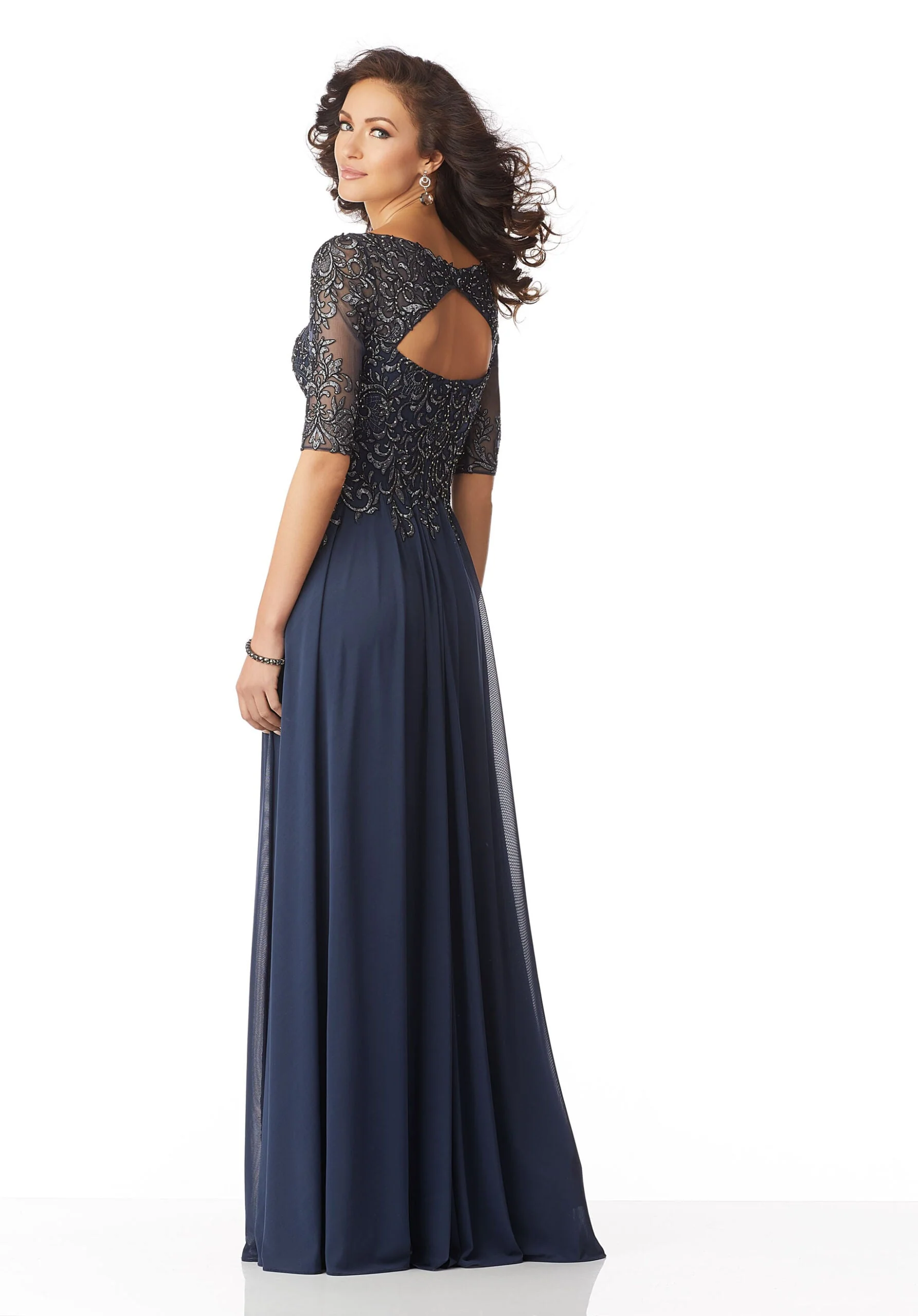 Stretch Mesh Special Occasion Dress with Beaded, Metallic Lace Appliqués - Image 12