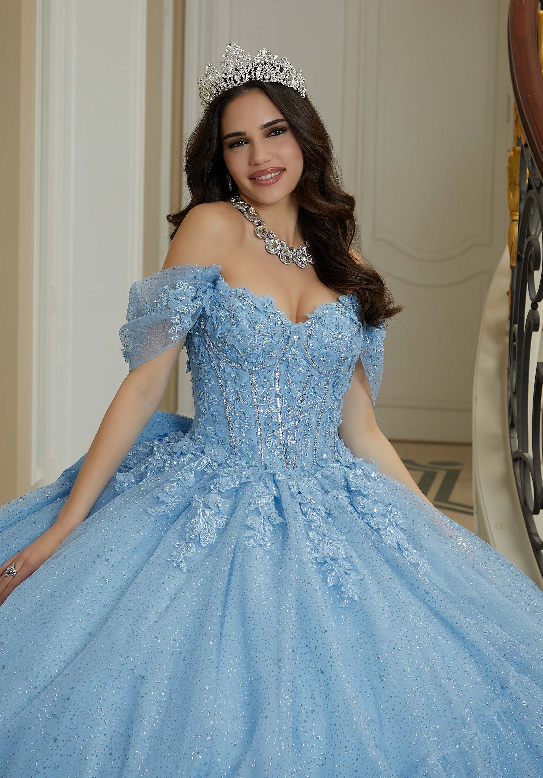Three-Dimensional Floral Lace Quinceañera Dress on a Flounced Skirt - Image 6