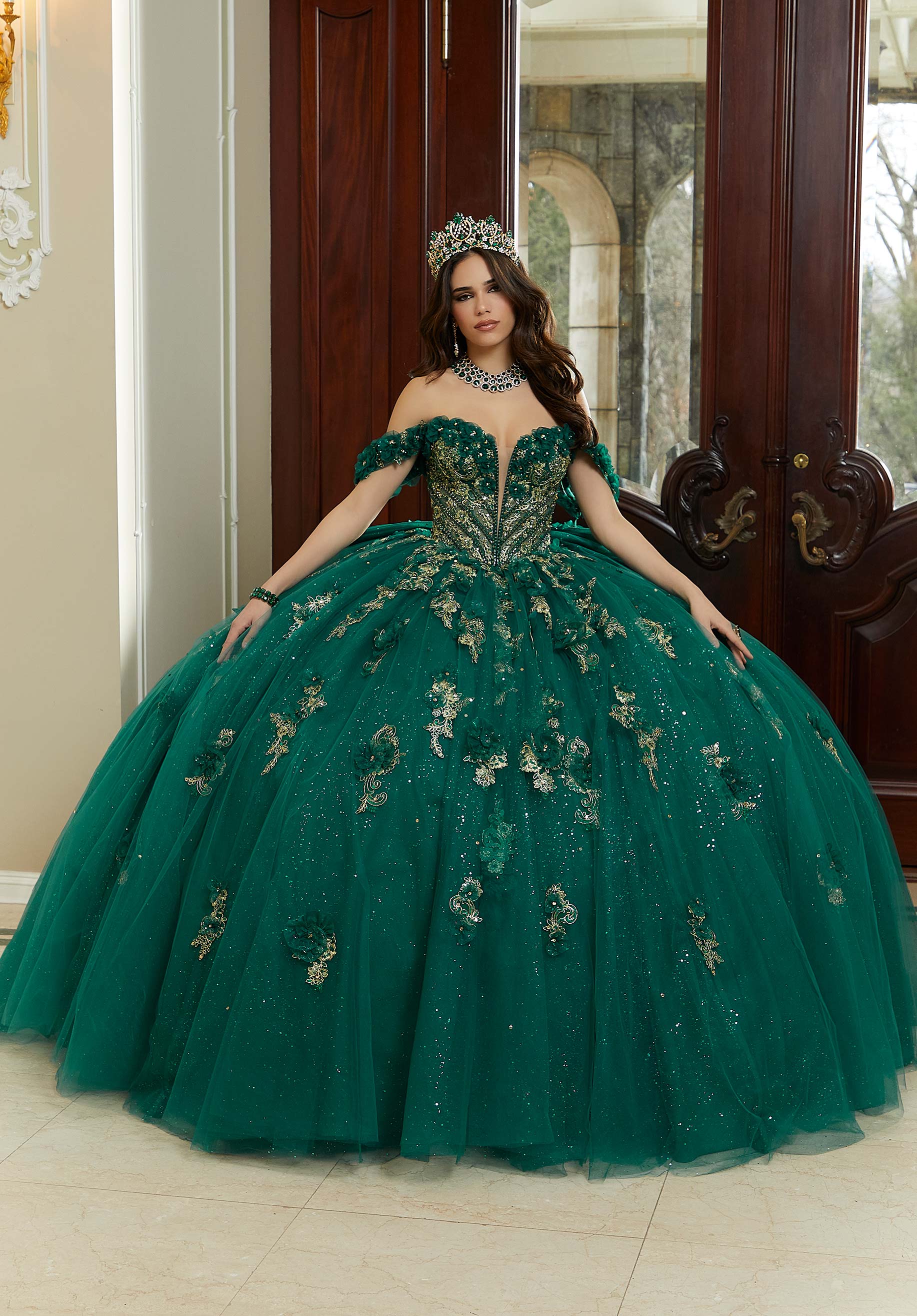 Three-Dimensional Flowers and Metallic Lace Sparkle Tulle Quinceañera Dress - Image 3